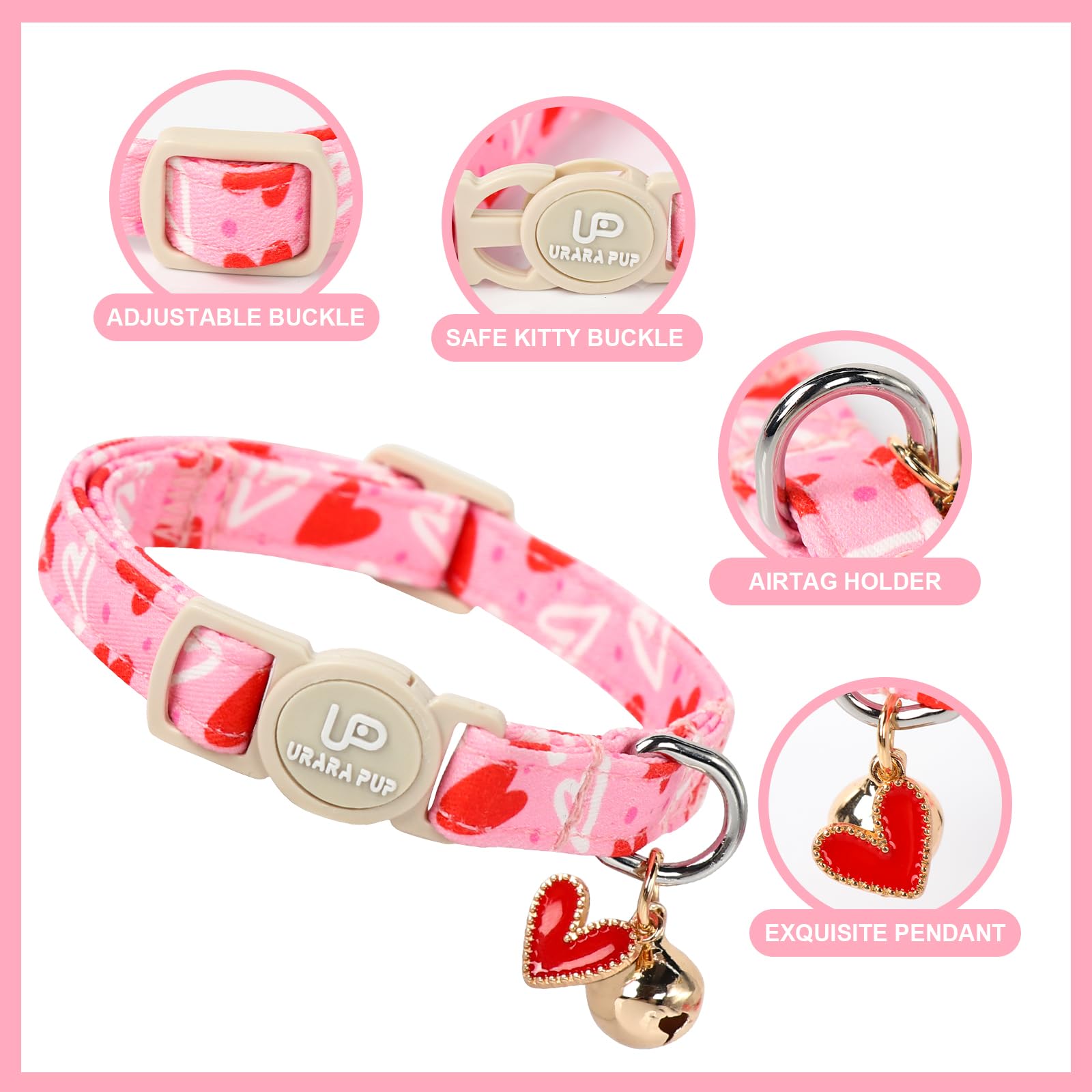 Up Urara Pup Cat Collar, 2Pack Valentine'S Day Kitten Collars Cute Breakaway Cat Collar With Bell, Red Love Heart Pink Hearts Ki