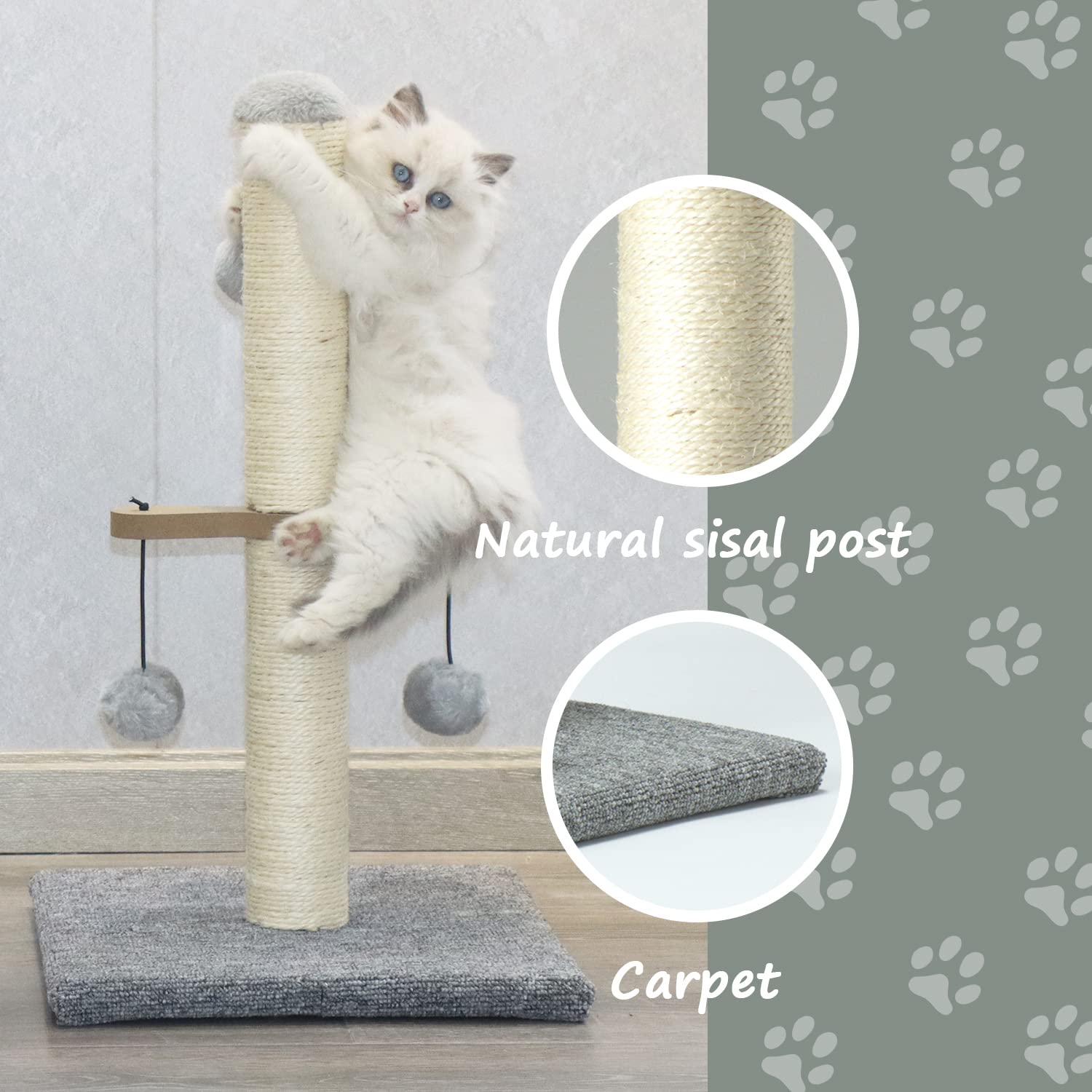 Pawsfans Cat Scratching Post,Small Scratch Post For Indoor Kittens And Small Size Cats,With Hanging Ball Toys,21Inches,Grey