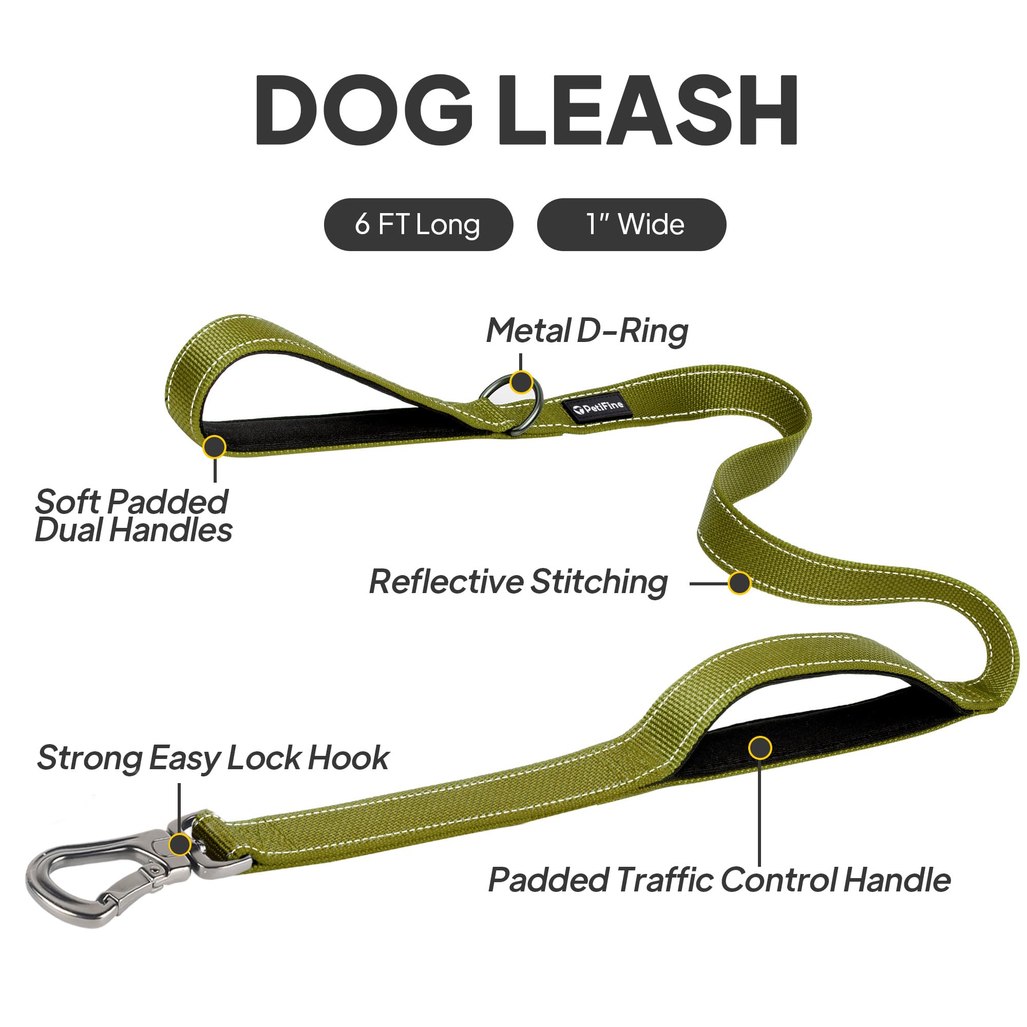 Petifine 6Ft Heavy Duty Dog Leash With Soft Padded Double Handle, Durable Strong Clasp Dog Leashes, Reflective Nylon Walking Lead For Large,Medium,Small Breed Dogs, Green