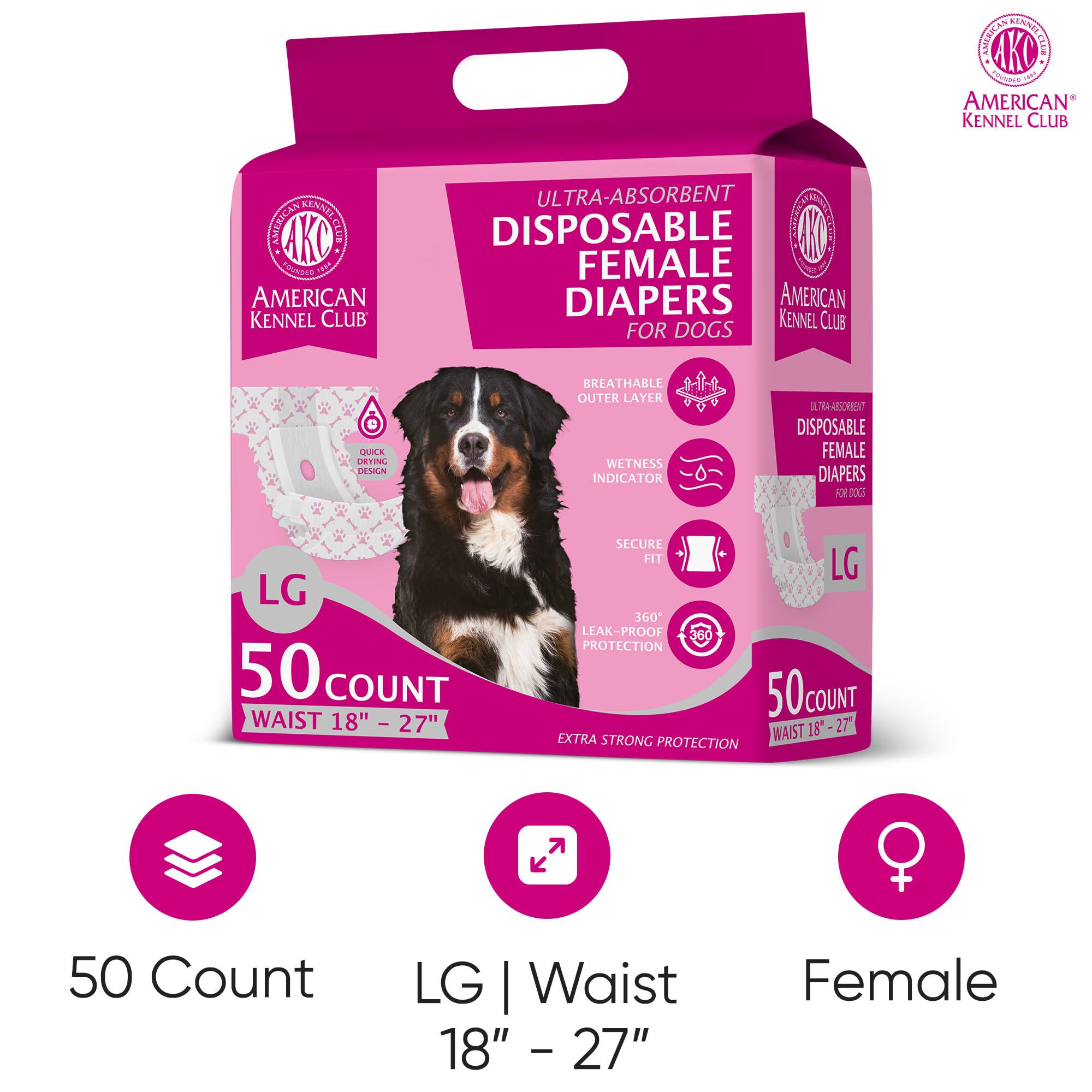 American Kennel Club Female Dog Wrap, Disposable Diapers With Wetness Indicator, Large, 50 Count