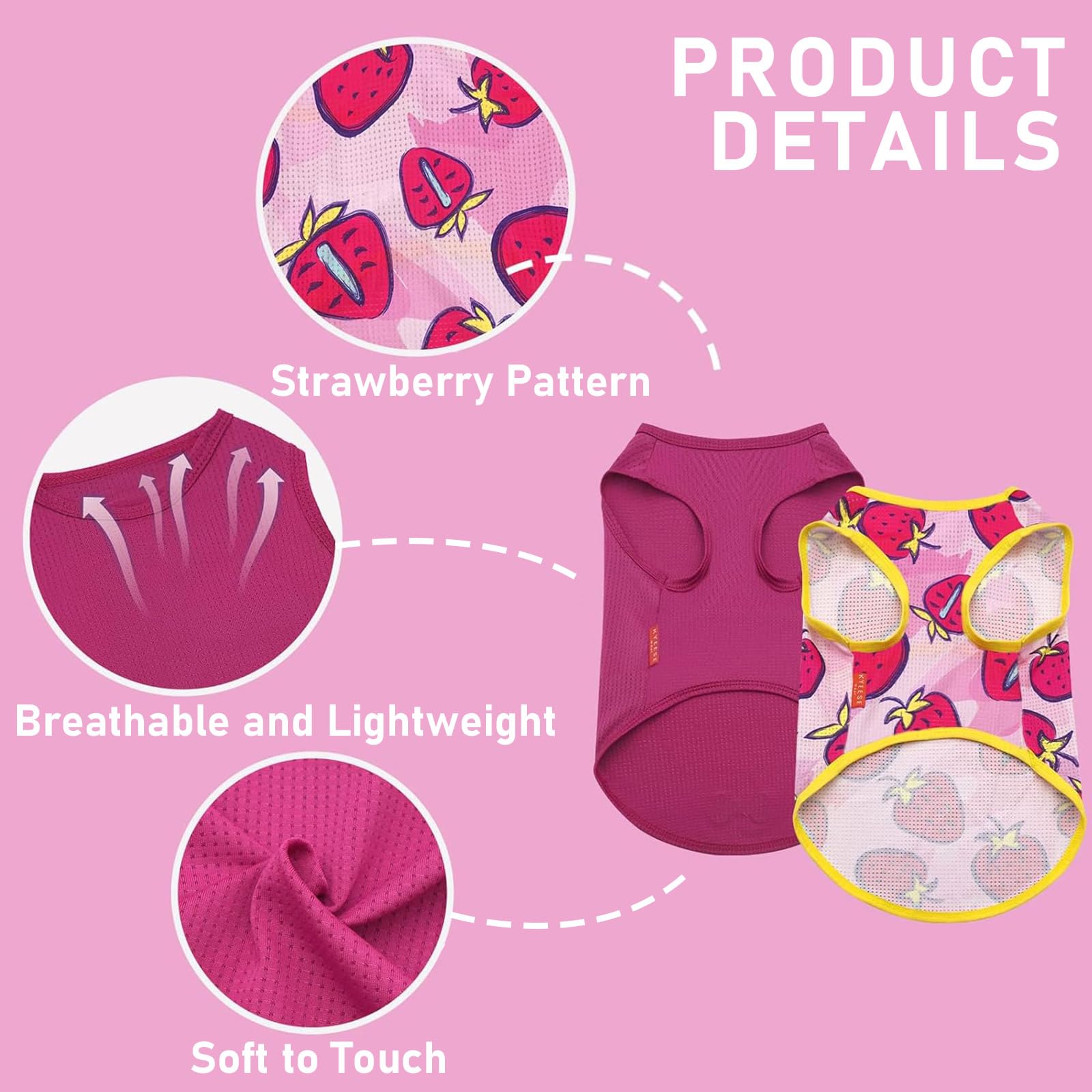 Kyeese 2 Pack Dog Shirt For Small Dogs Quick Dry Lightweight Dog T-Shirts With Reflective Label Tank Top Sleeveless Vest Cat Shirts Clothes For Summer Strawberry Pattern, Small, Strawberry+Rose