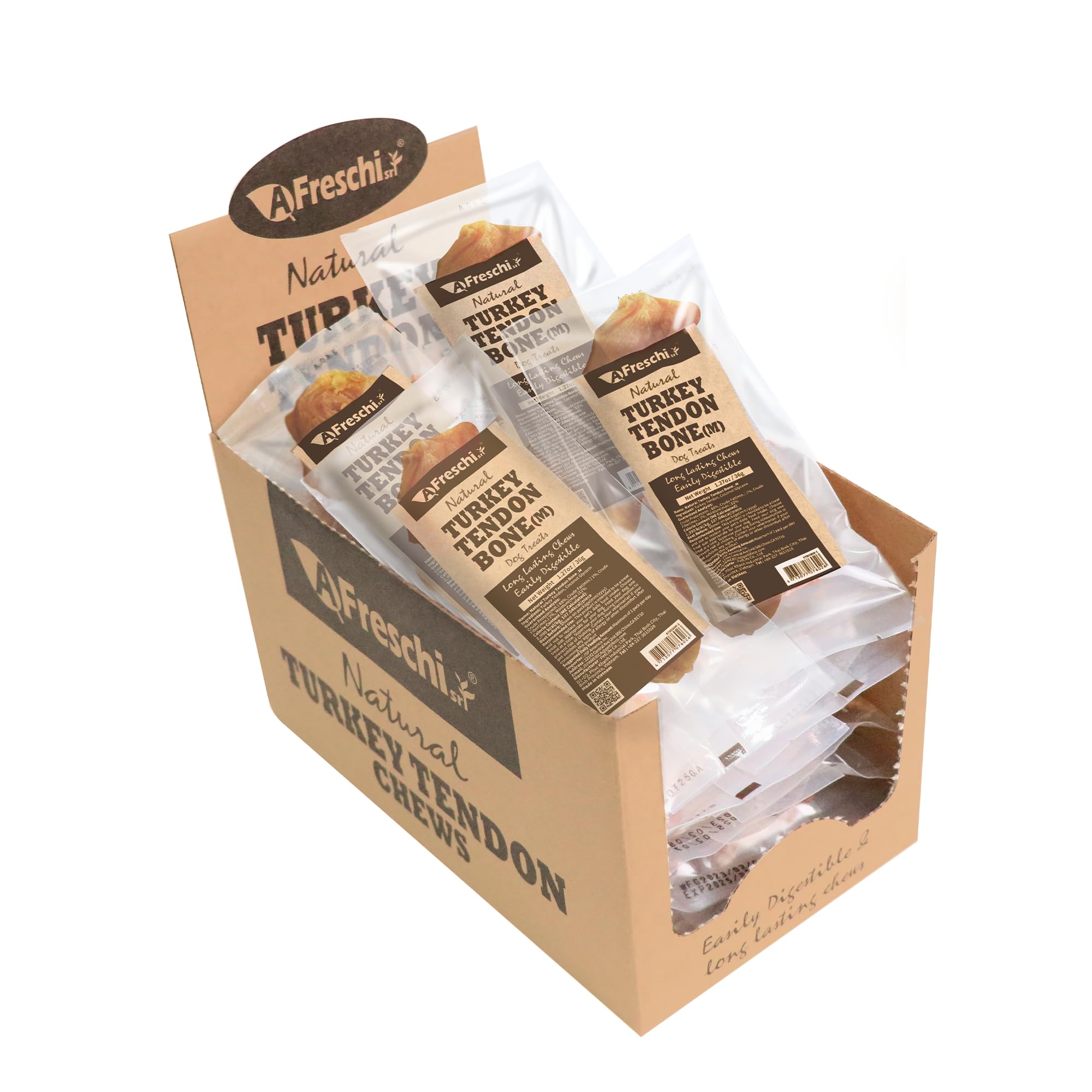 Afreschi Natural Turkey Tendon Bone (M) 20 Units/Box, Dog Treats for Signature Series, All Natural Human Grade Puppy Chew, USA-S