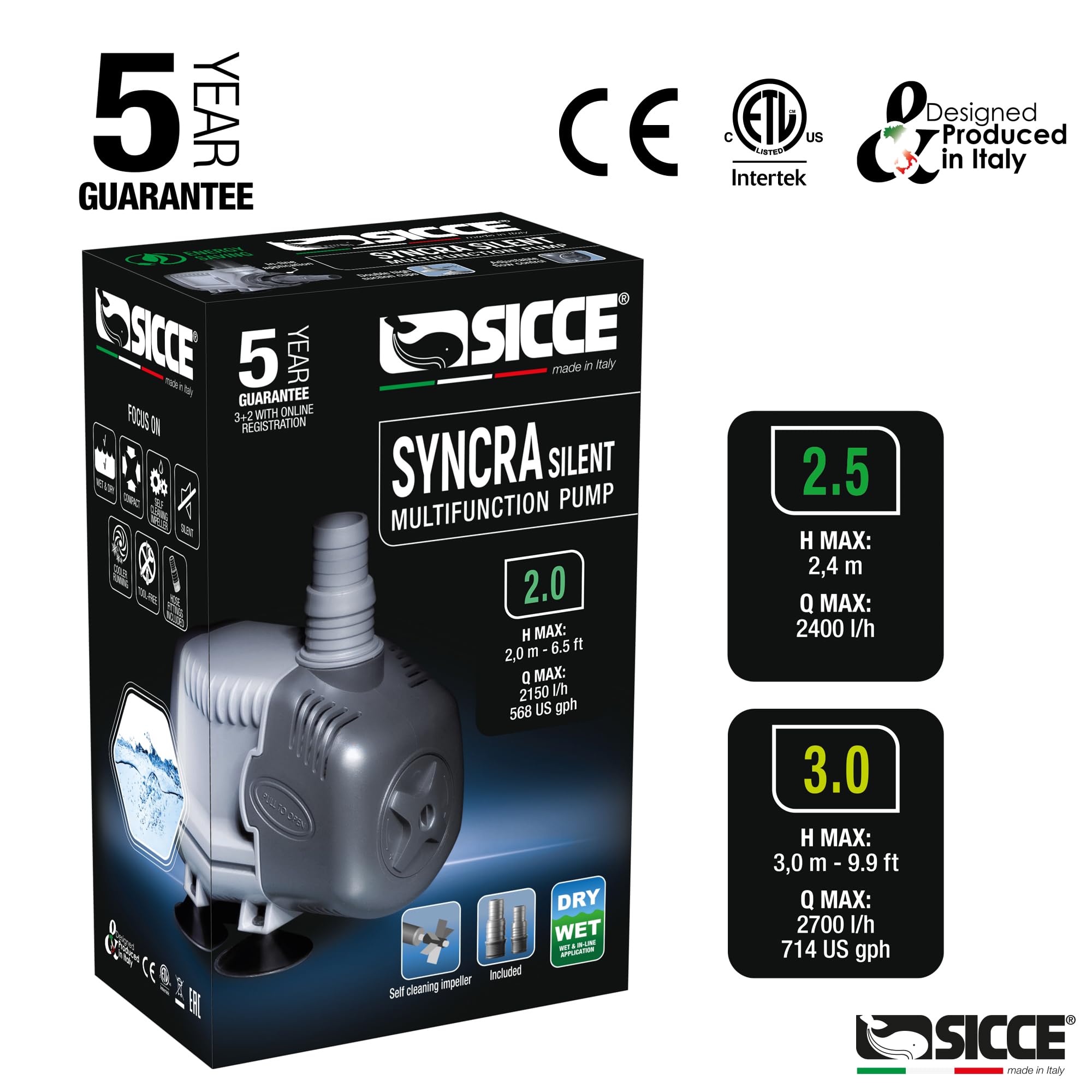 Sicce Syncra Silent 2.0 Multifunction 568 Gph Submersible Water Pump | Italian Made 35W Ultra Quiet Durable Aquarium Fish Tank, Fountain, Pond, Hydroponics, Terrarium Black | Freshwater & Saltwater