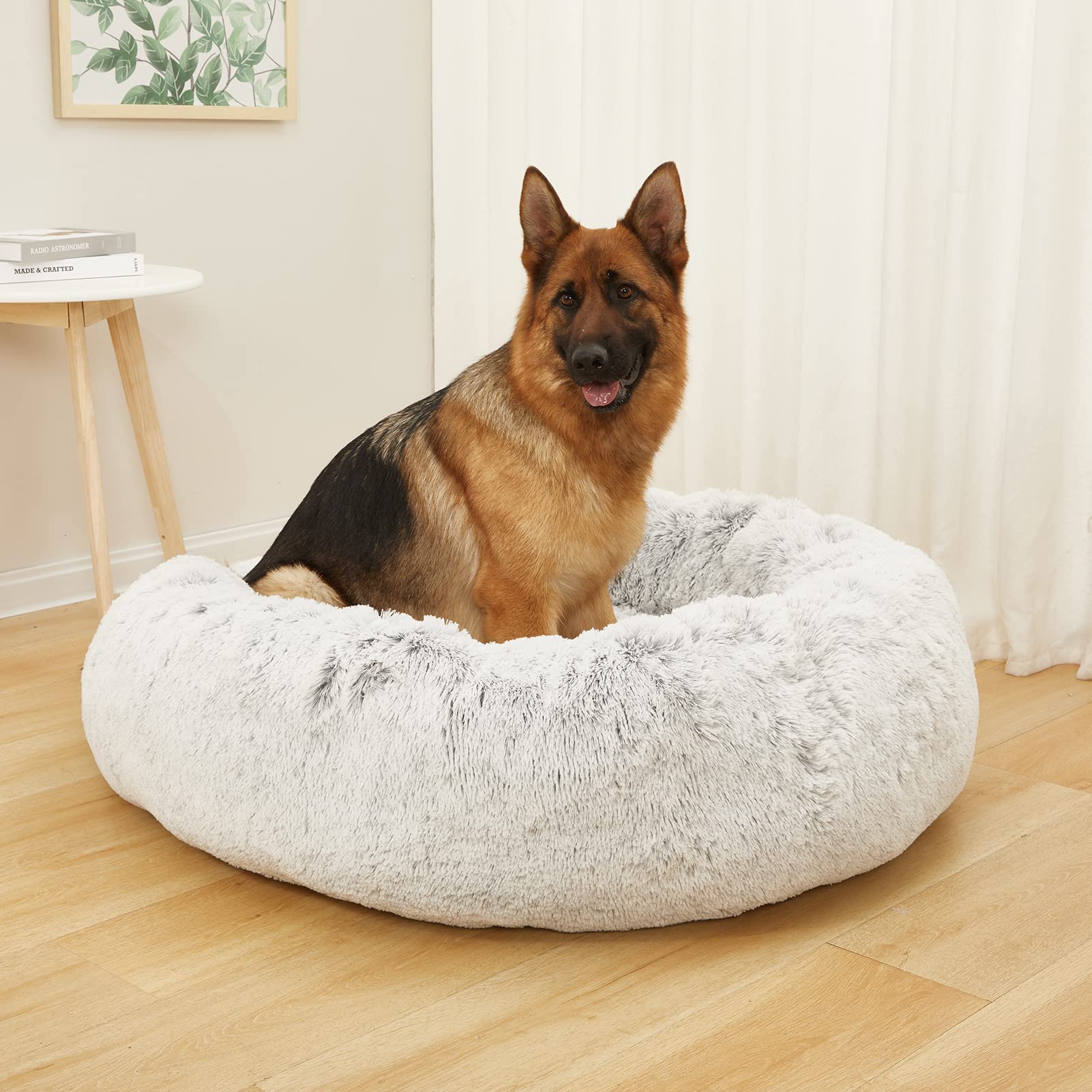 Bedfolks Calming Donut Extra Large Dog Bed, 45 Inches Round, Anti-Anxiety Plush, Washable With Non-Slip Bottom (Light Grey)