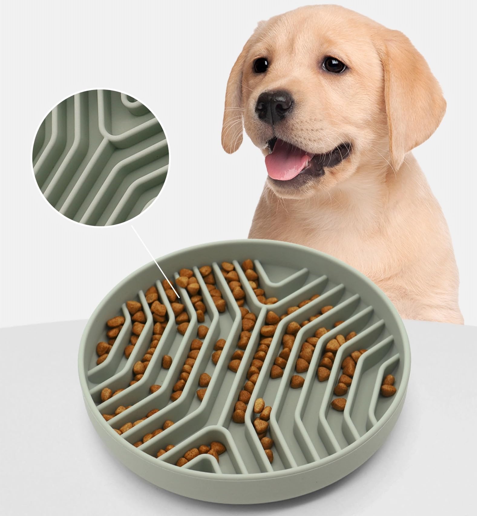 Slow Feeder Dog Bowl, 7.8 x 7.8 inches, Silicone Pet Puzzle Bowl with Suction Base, Foldable (Green)