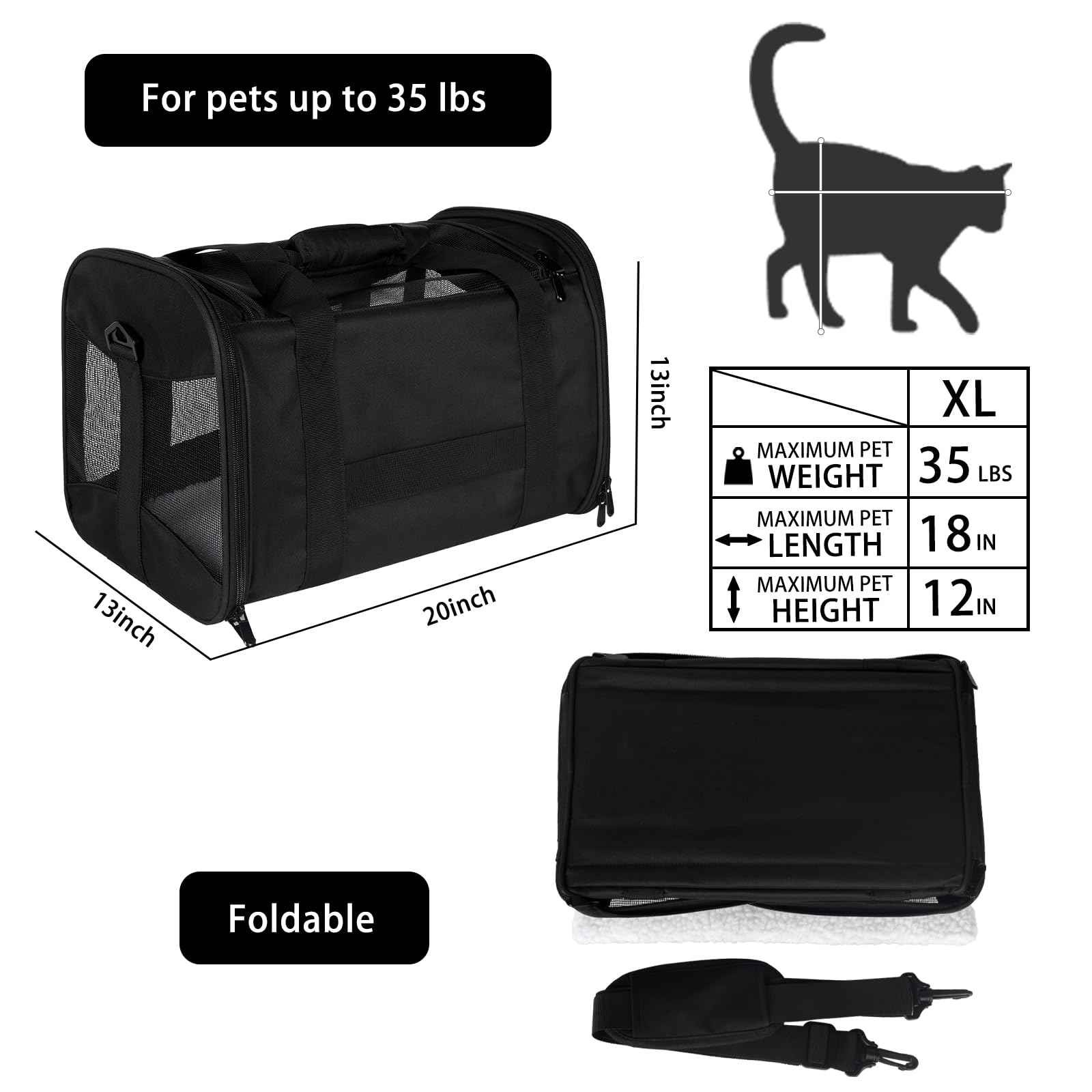 Cat Carrying Case - Pet Carrier Airline Approved, Protable And Breathable Pet Travel Carrier Removable Fleece Pad, Collapsible Cat Carrier Dog Carrier For Medium Cats Small Cats Dogs (X-Large, Black)