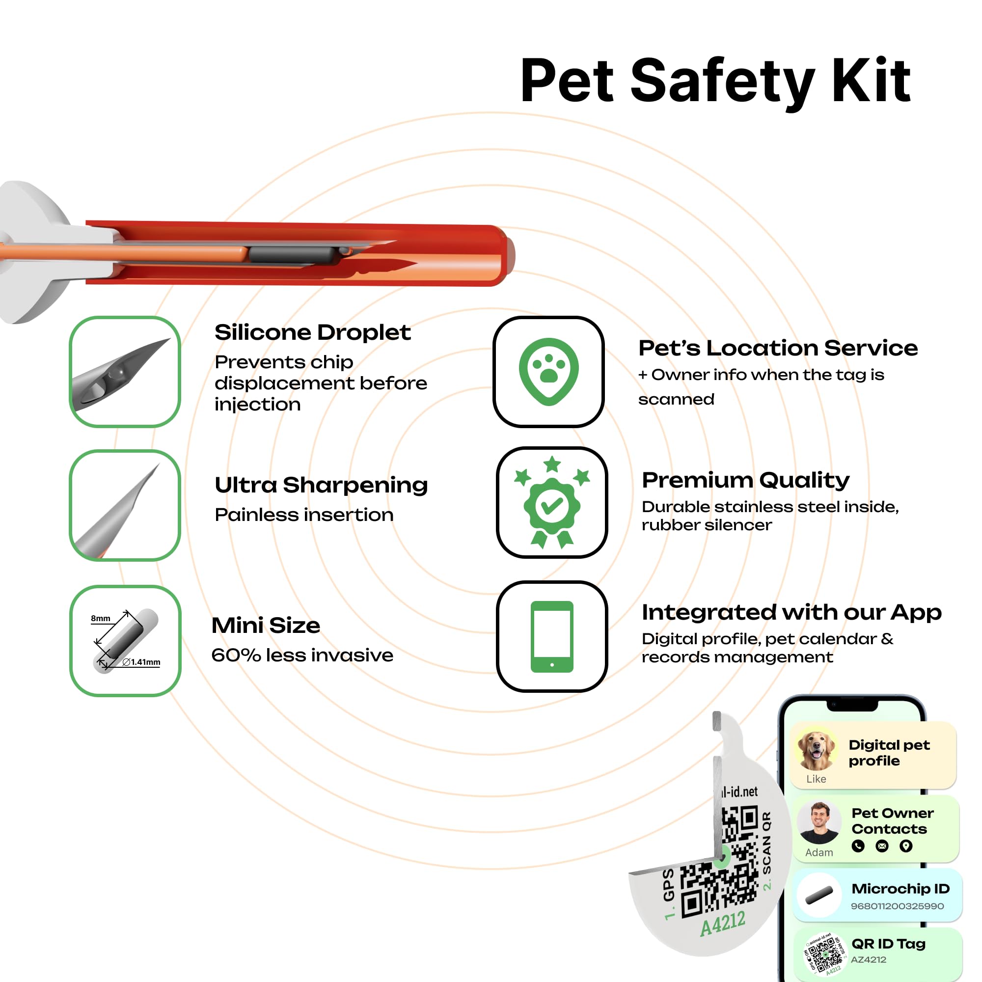 Pack Of 1 1.4X8 Mm Microchip For Dogs Kit With Qr Code Id Pet Tag - Free Lifetime Registration - Implant International Standard