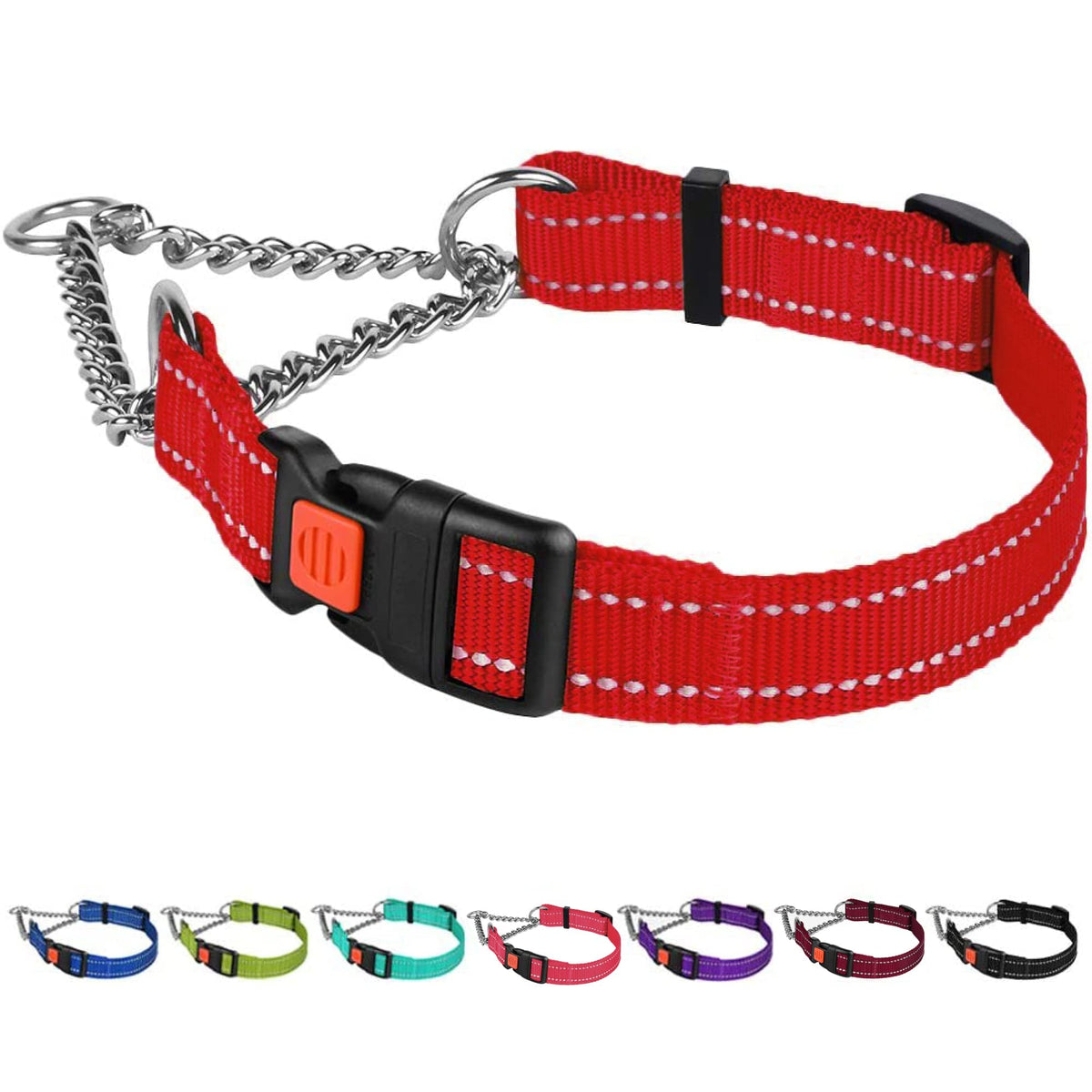 Collardirect Martingale Dog Collar With Stainless Steel Chain And Quick Release Buckle - Reflective Collar For Large, Medium, Small Dogs - Red, Medium (Neck Size 14'-17')