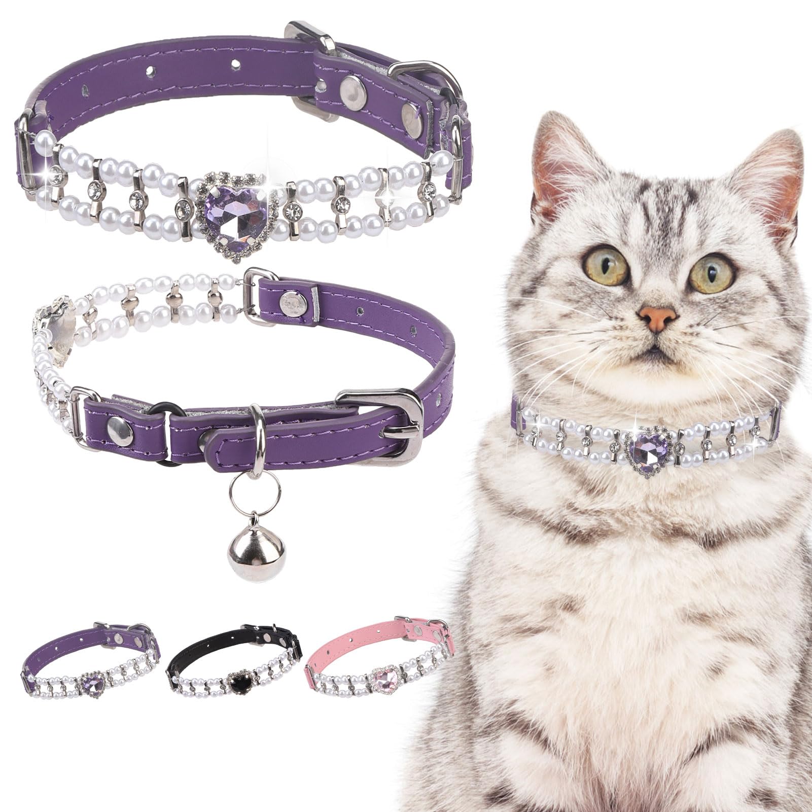Expawlorer Cat Collar Leather With Bell And Safety Elastic Belt,Personalized Rhinestones Bling Adjustable Collars For Cats Kitty