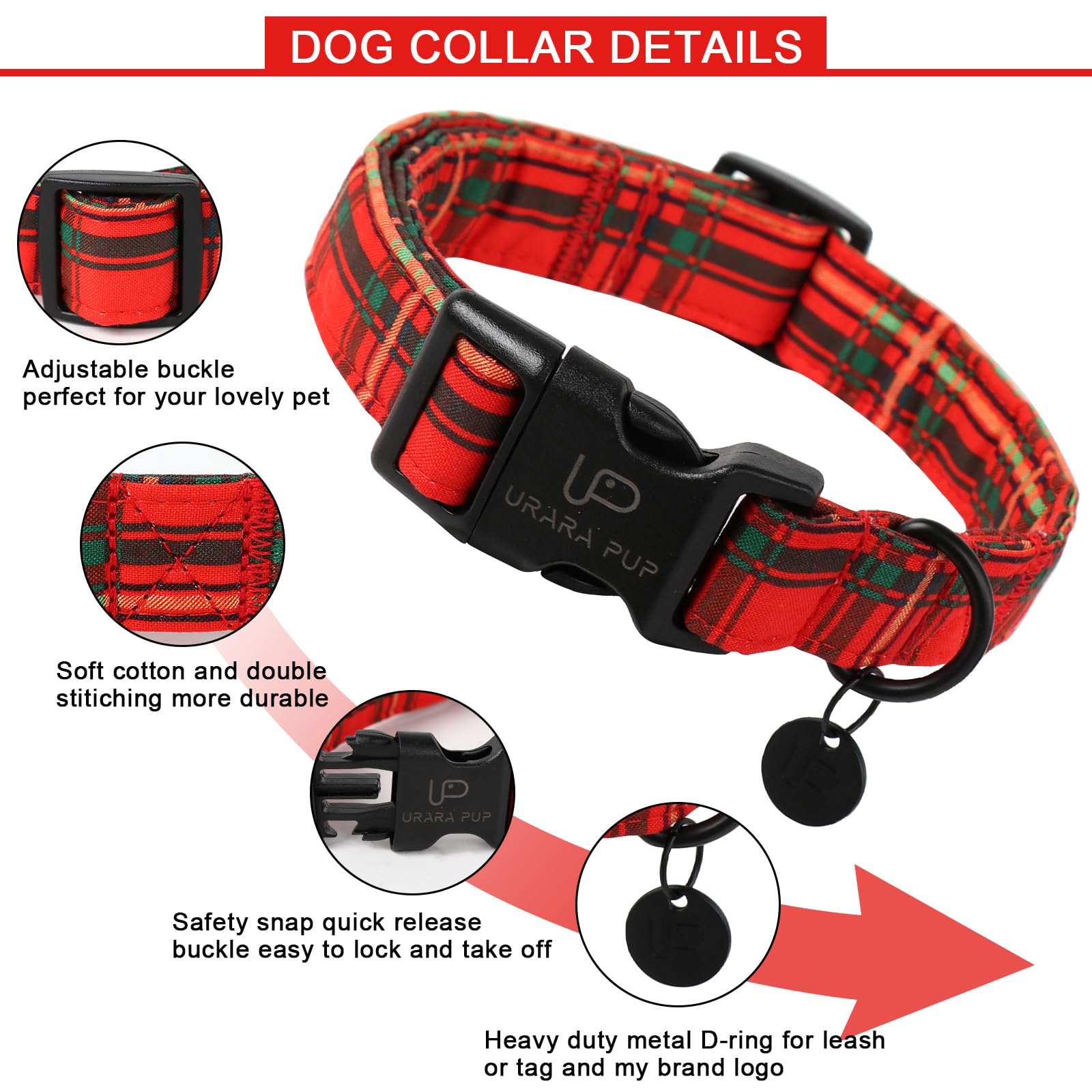 Up Urara Pup Christmas Dog Collar,Red Plaid Christmas Plaid Pet Collar With Quick Release,Adjustable Red Plaid Puppy Collar For