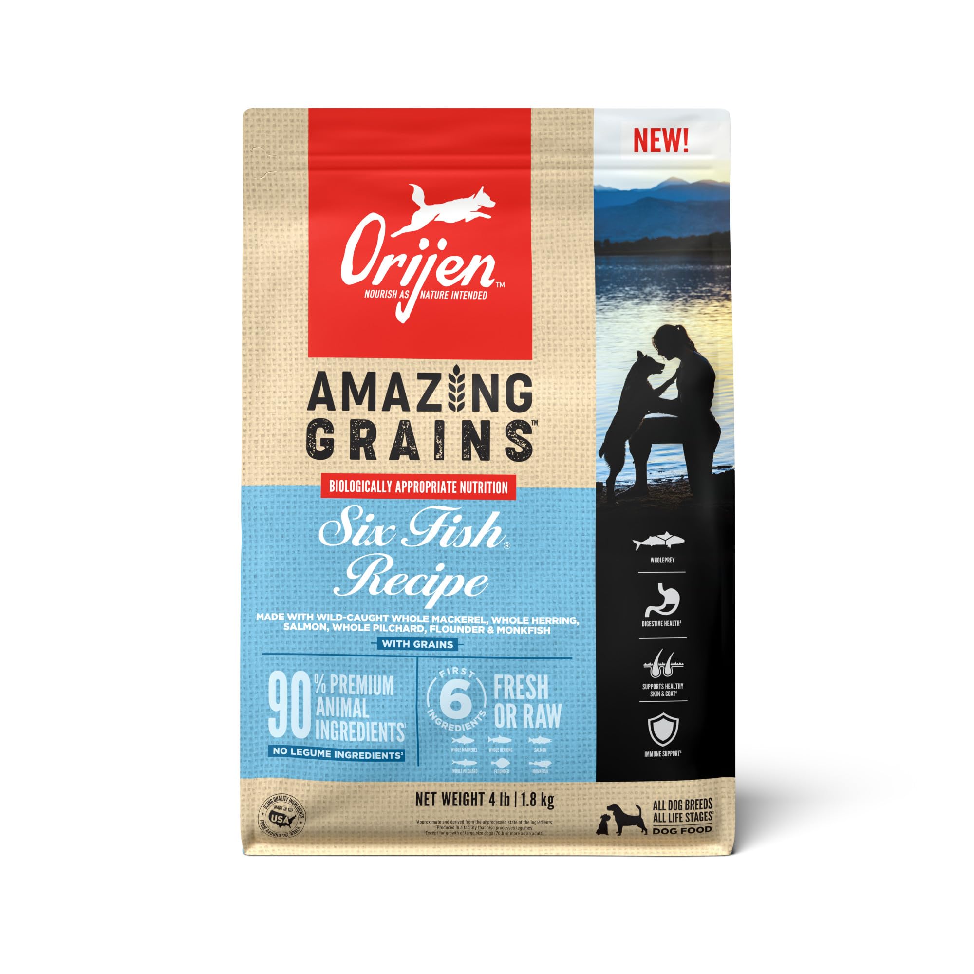 ORIJEN Amazing Grains Six Fish Recipe Dry Dog Food, High Protein Dog Food, Fresh or Raw Ingredients, 4lb