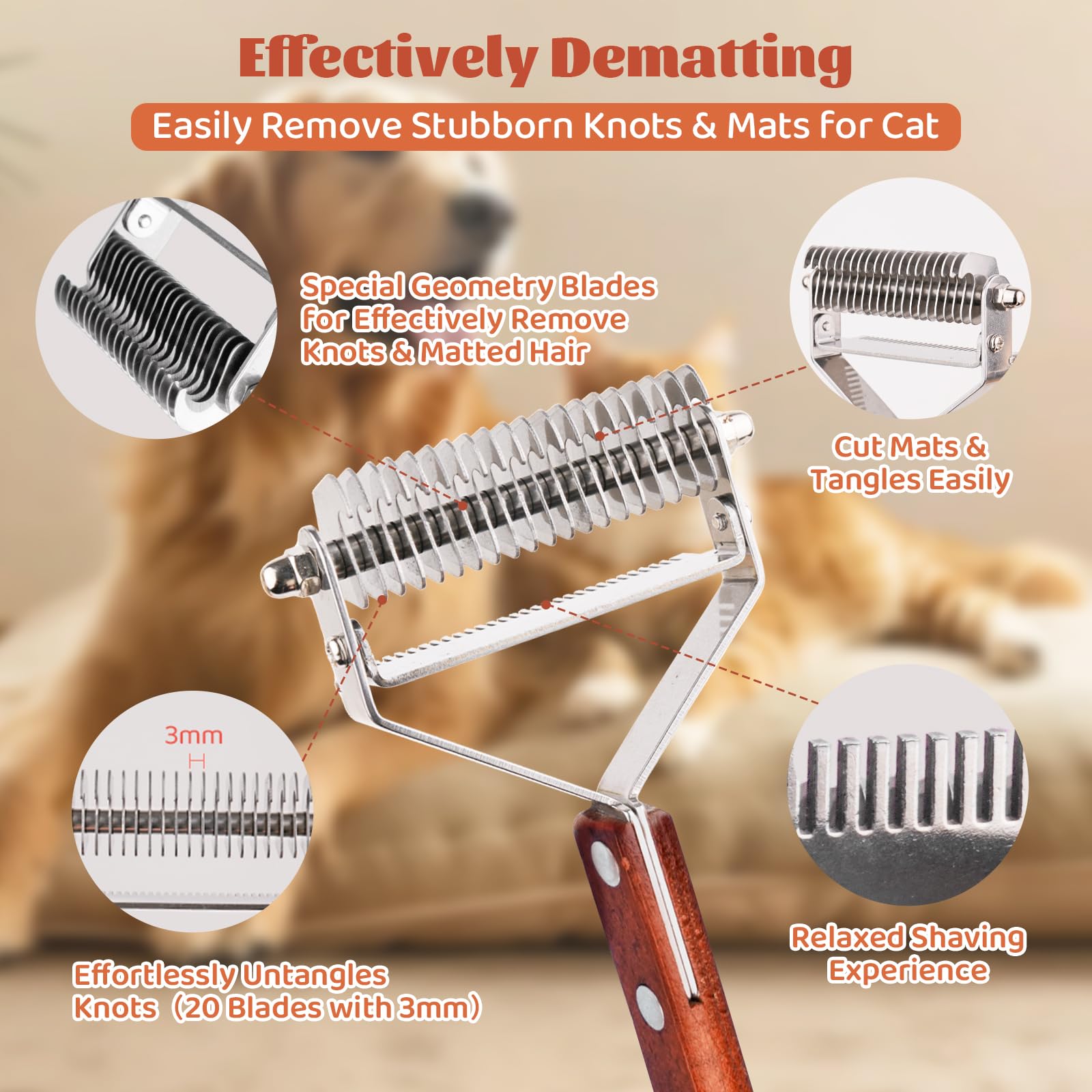 Cat Brush For Dematting & Deshedding, Professional Pet Grooming Brush, Pet Grooming Brushes With Wood Handle, Shedding Comb For