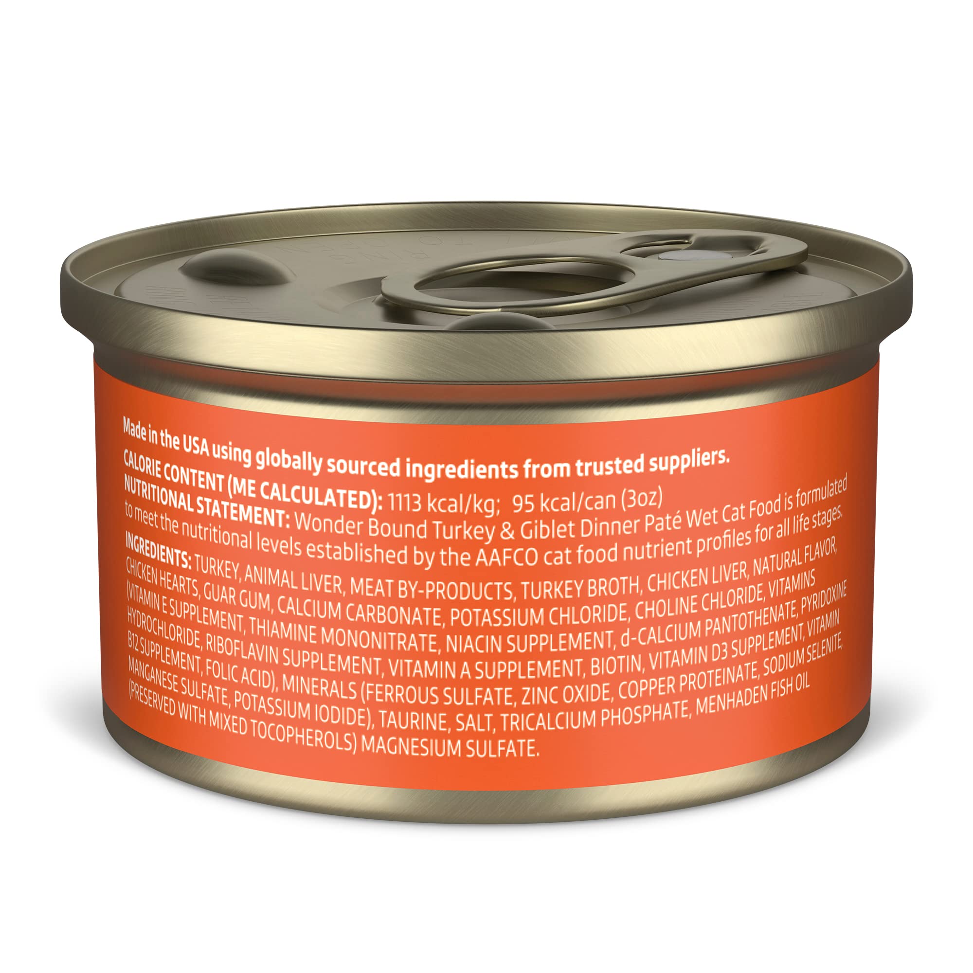Amazon Brand - Wonder Bound Canned Wet Cat Food (Turkey & Giblet Dinner Pat  ), No Artificial Flavors, Adult Recipe, 3 Ounce (Pa