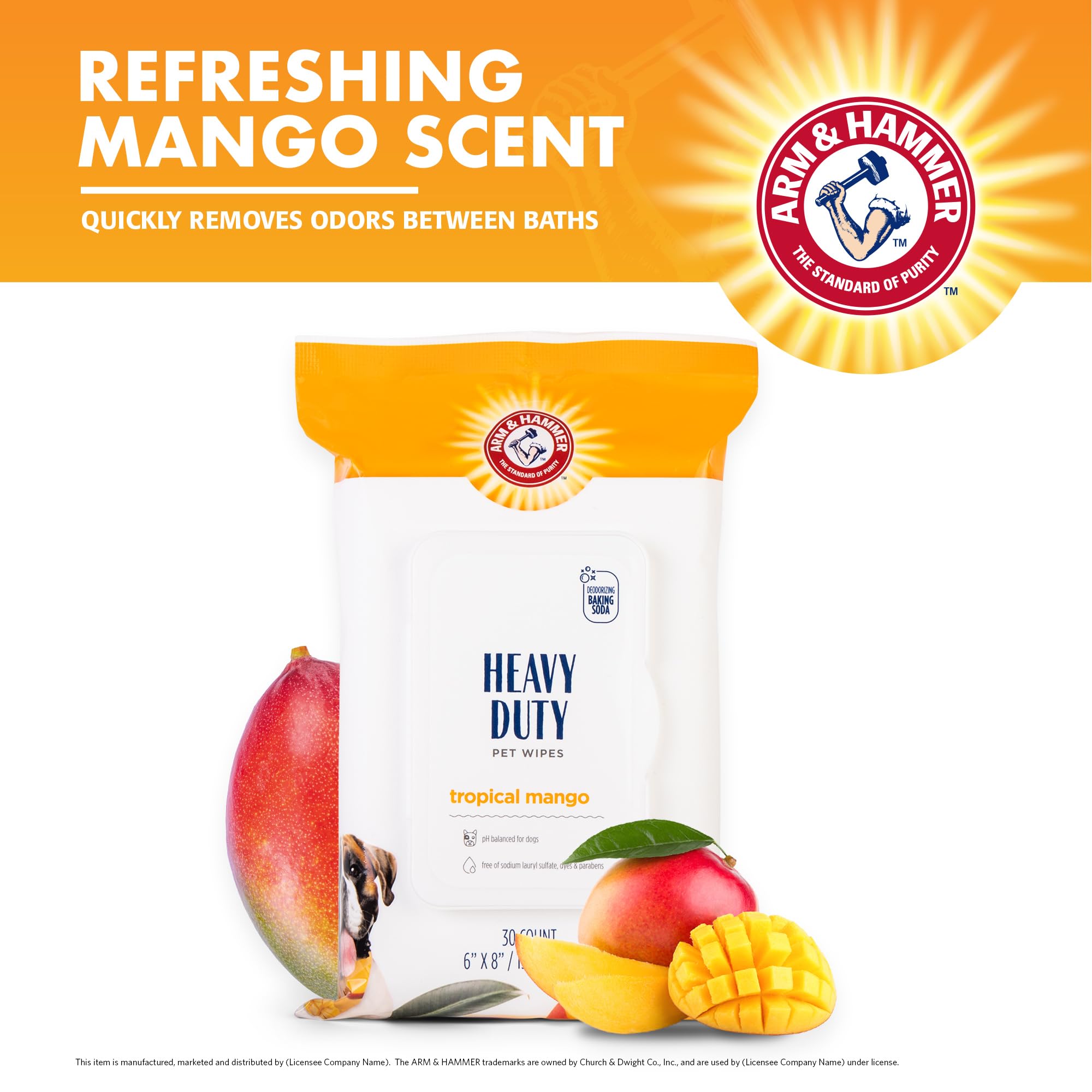 Arm & Hammer For Pets Heavy Duty Multipurpose Bath Wipes For Dogs, Travel Size, Mango Scent | All Purpose Dog Wipes Remove Odor & Refresh Skin For Pets | 30 Ct Pack Of Travel Pet Wipes
