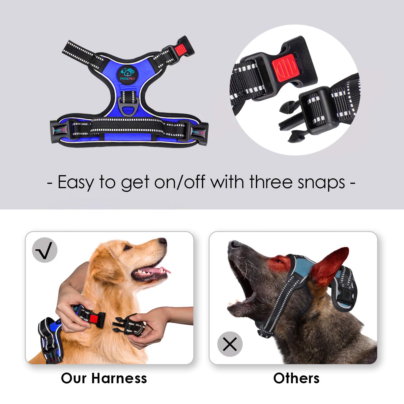 Phoepet No Pull Dog Harness Medium Reflective Front Clip Vest With Handle,Adjustable 2 Metal Rings 3 Buckles,[Easy To Put On & Take Off](Xl, Royal Blue)