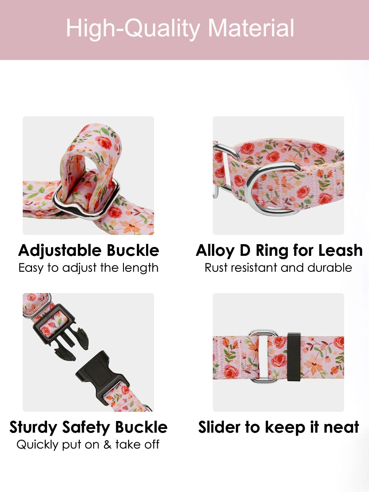 Joocpup Martingale Dog Collar With Tag Ring - Adjustable Soft Nylon No-Slip Design For Small, Medium & Large Dogs, Creamy Natura