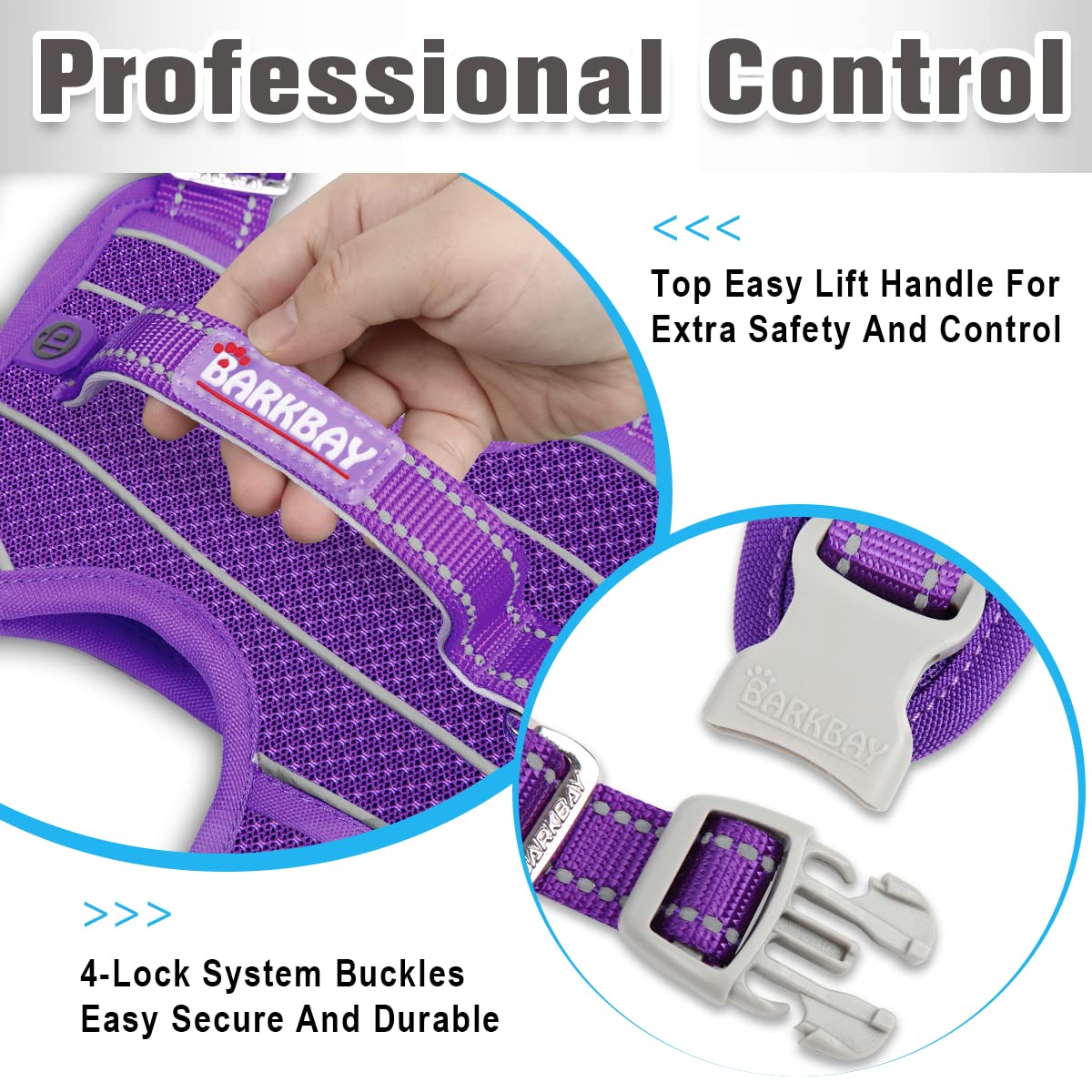 BARKBAY No Pull Dog Harness Front Clip Heavy Duty Reflective Easy Control Handle for Large Dog Walking with ID tag Pocket(Purple