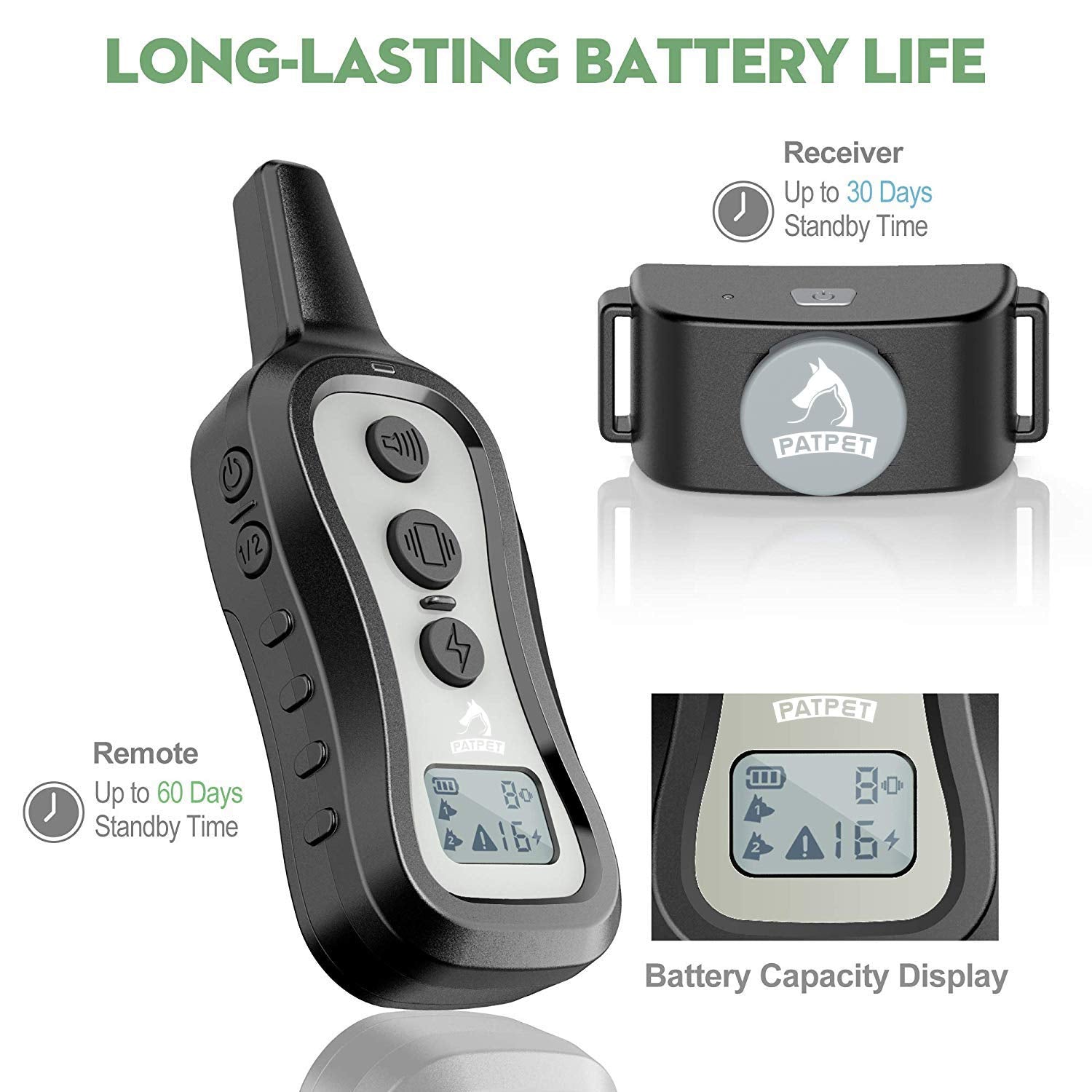 PATPET Dog Training Collar with Remote - 3 Training Modes, 1000 ft Range, Rainproof, for Small Medium Large Dogs - Light Grey
