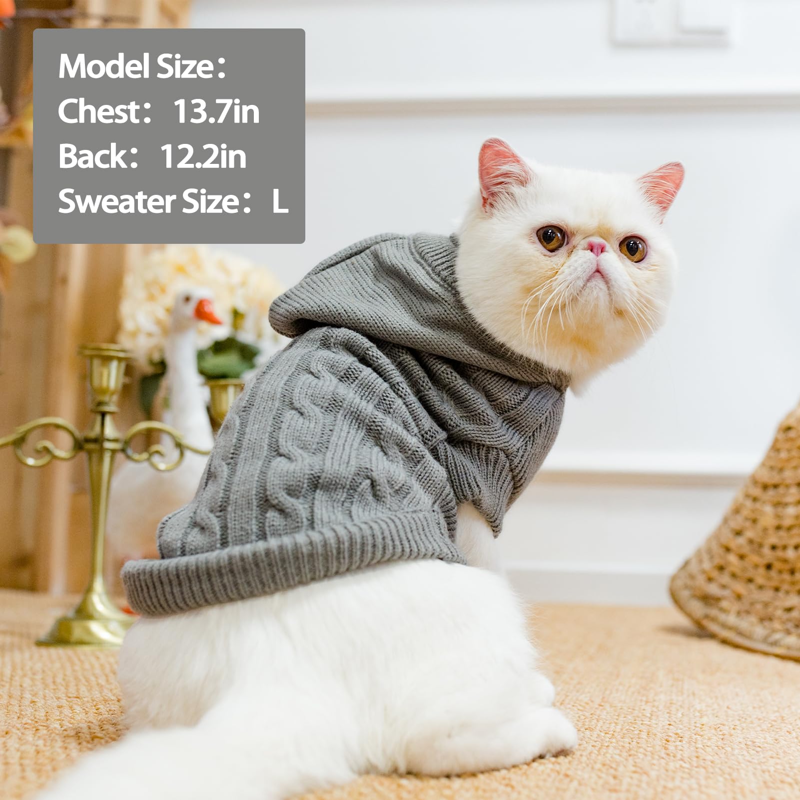 Pupteck Winter Dog Cat Sweater Coat - Soft Cold Weather Clothes Knitwear For Kitties & Small Dogs Indoor Outdoor Walking Warm, Knitted Classic For Doggies Kitties Girls Boys, Grey L
