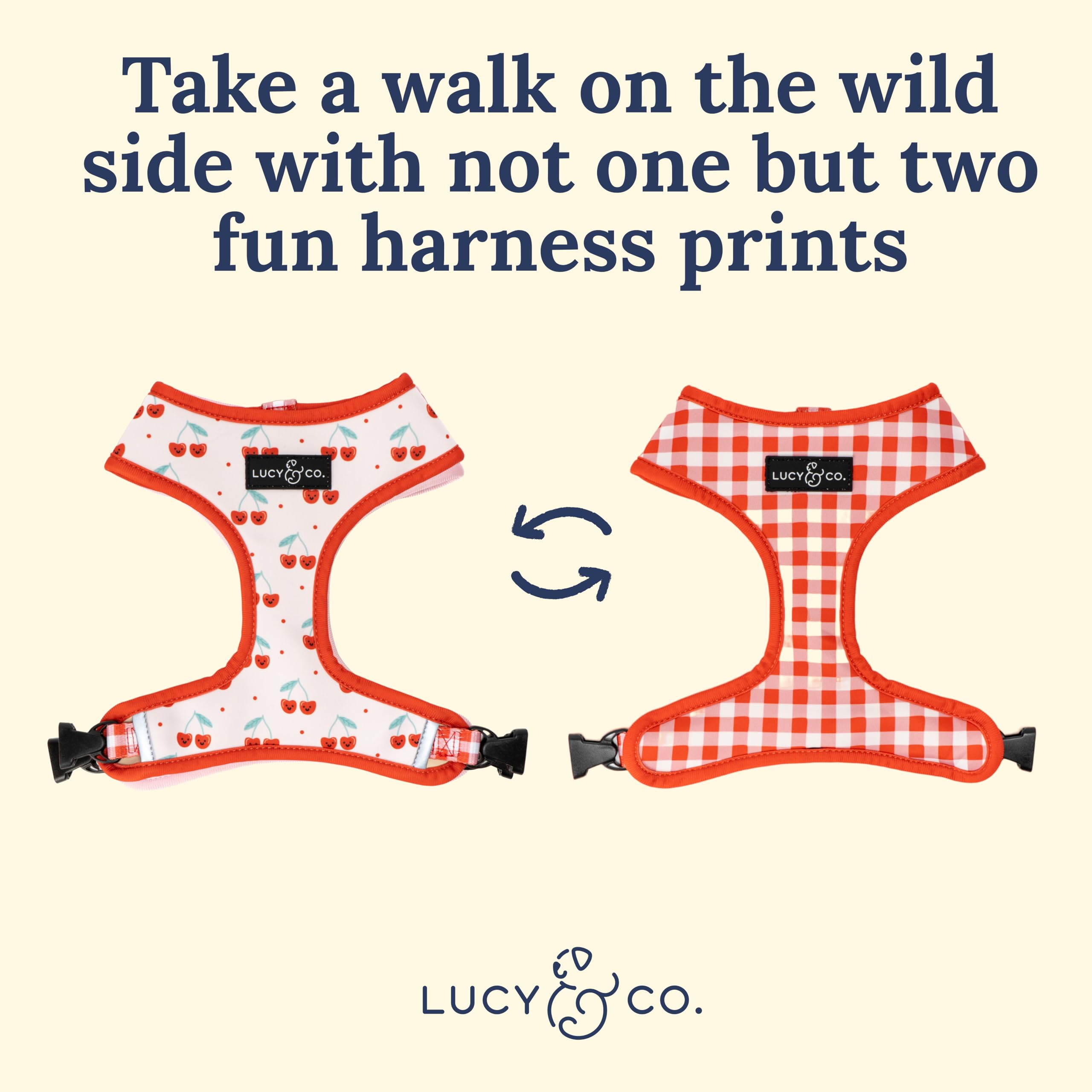 Lucy & Co. Cheery Cherries, Cute Reversible Dog Harness Walking Halter - Best Designer Pet Harnesses For Xs - Xl Dogs - Padded A
