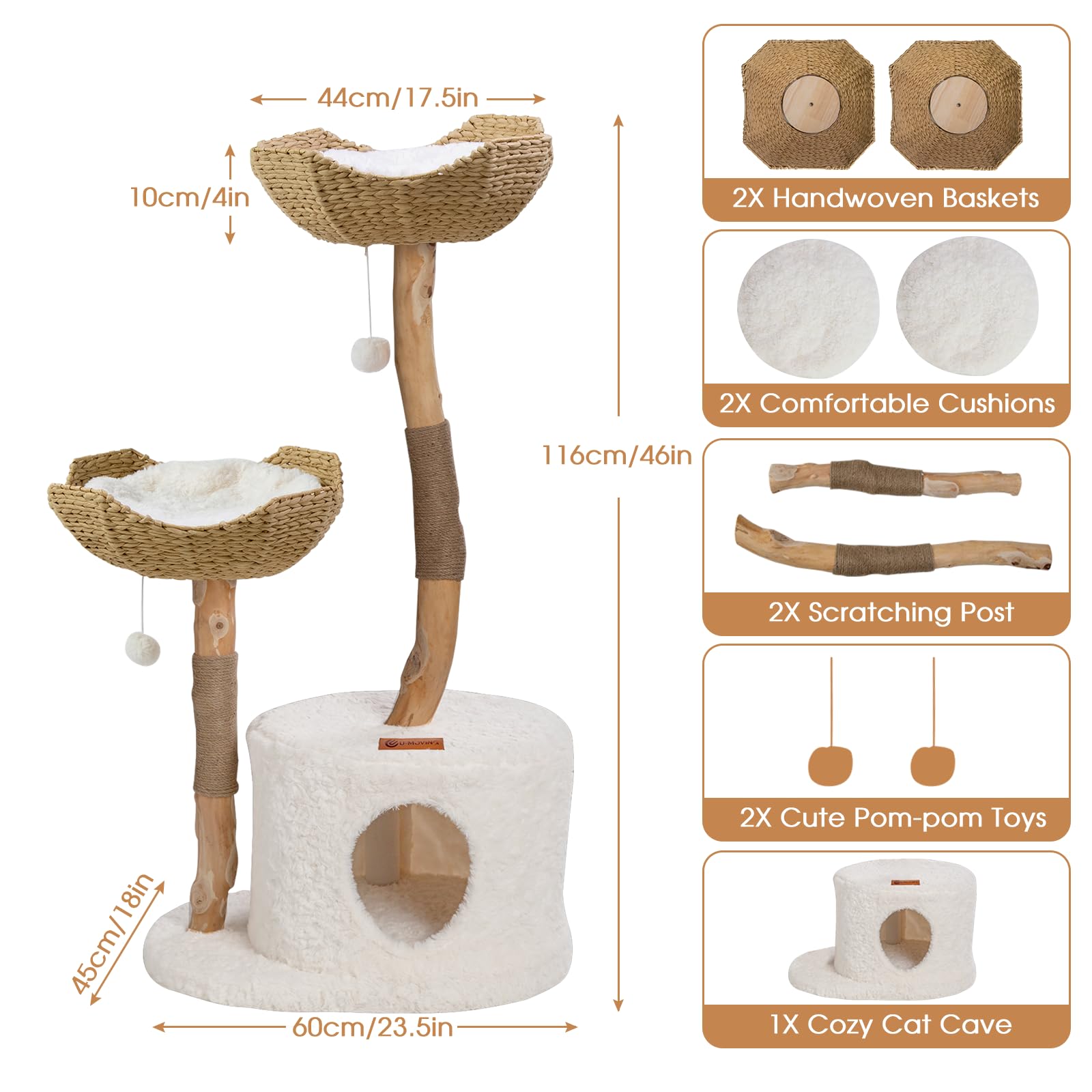 U-Moving 46 Natural Wood Cat Tree For Large Cats - Modern Feline Tower With Scratching Posts, Real Branch Design & Luxury Gift