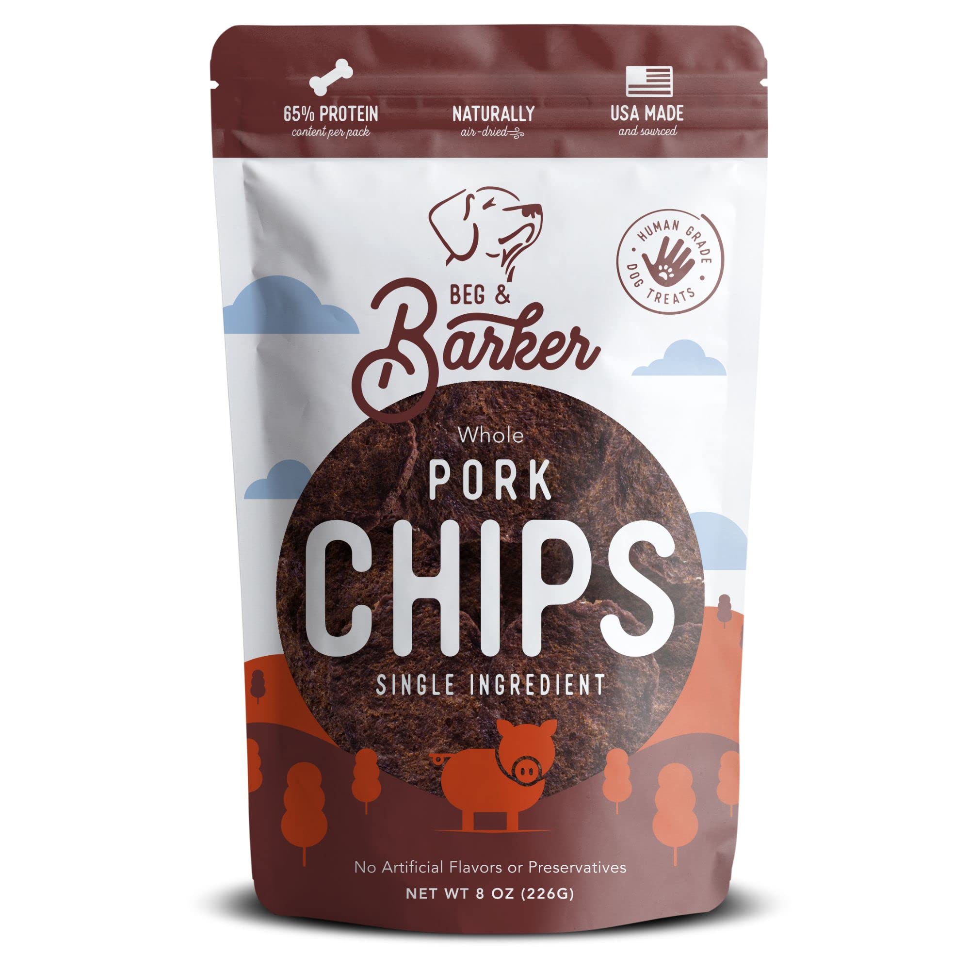 Beg & Barker Pork Chips for Dogs (8 Ounce, Pack of 1) - Single Ingredient Dog Treats Made for Large & Small Dogs Protein Human G