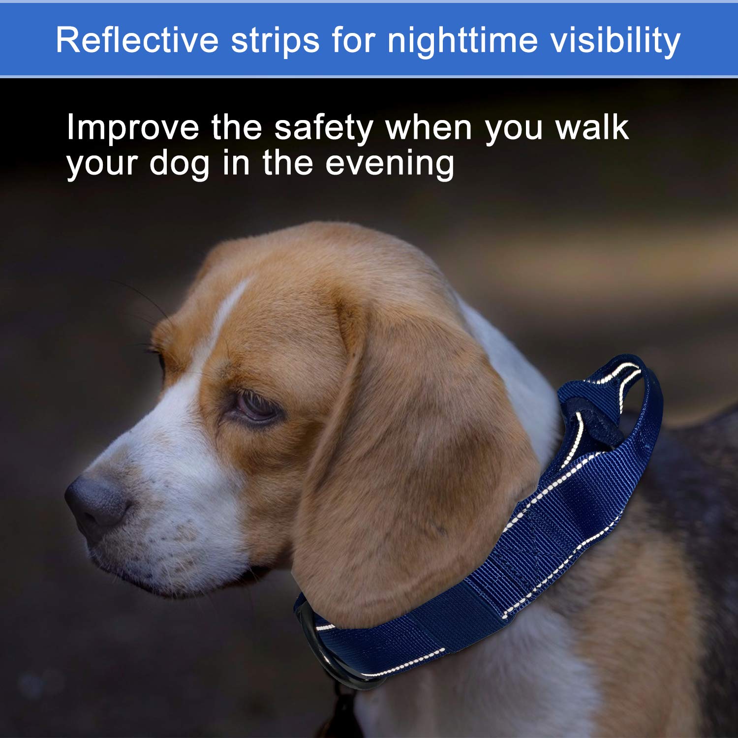Yunleparks Reflective Dog Collar Heavy Duty Tactical With Control Handle And Metal Buckle For Dog Training(M,Blue)