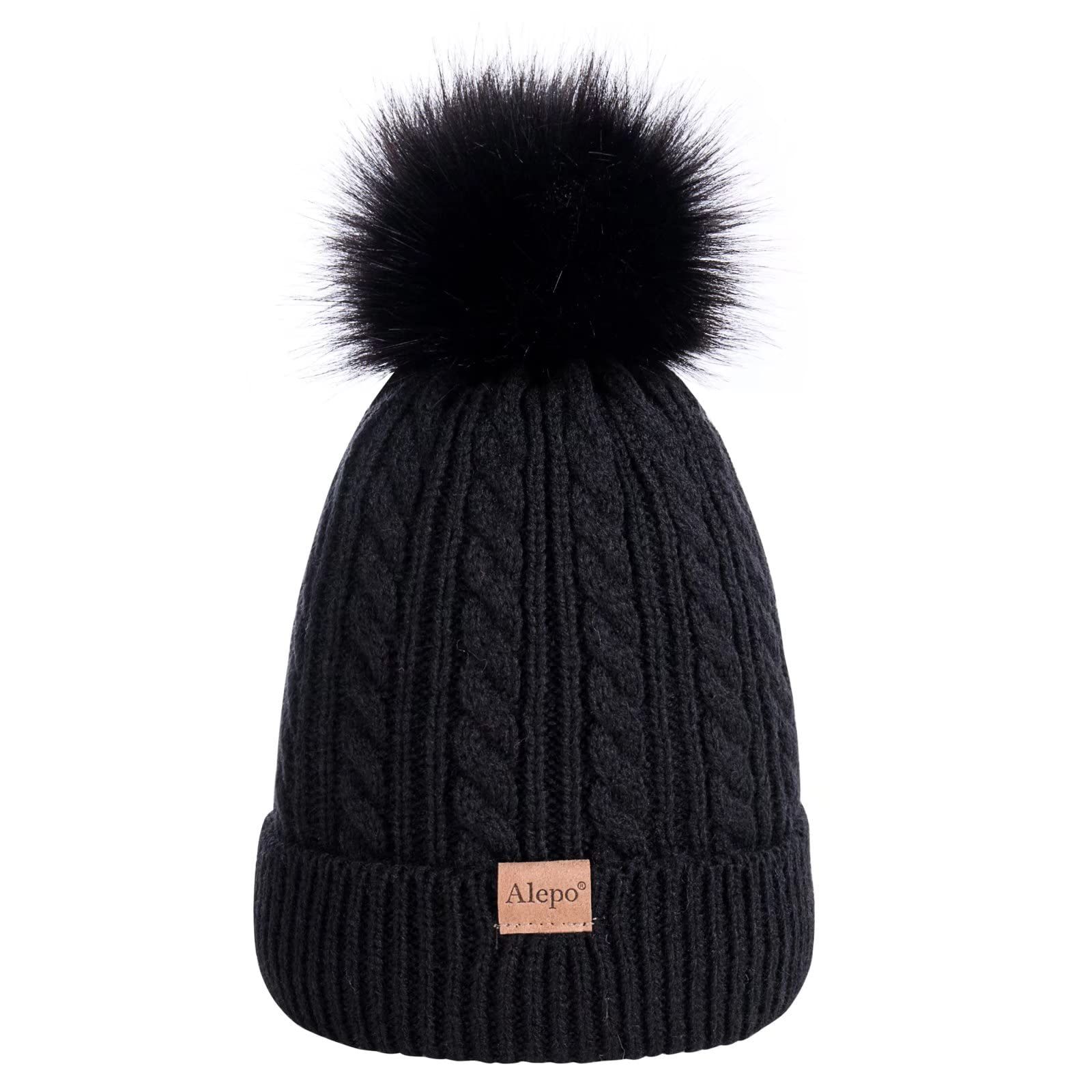 Kids Winter Beanie Hat, Childrens Warm Fleece Lined Knit Thick Ski Cap With Pom Pom For Boys Girls (Black)