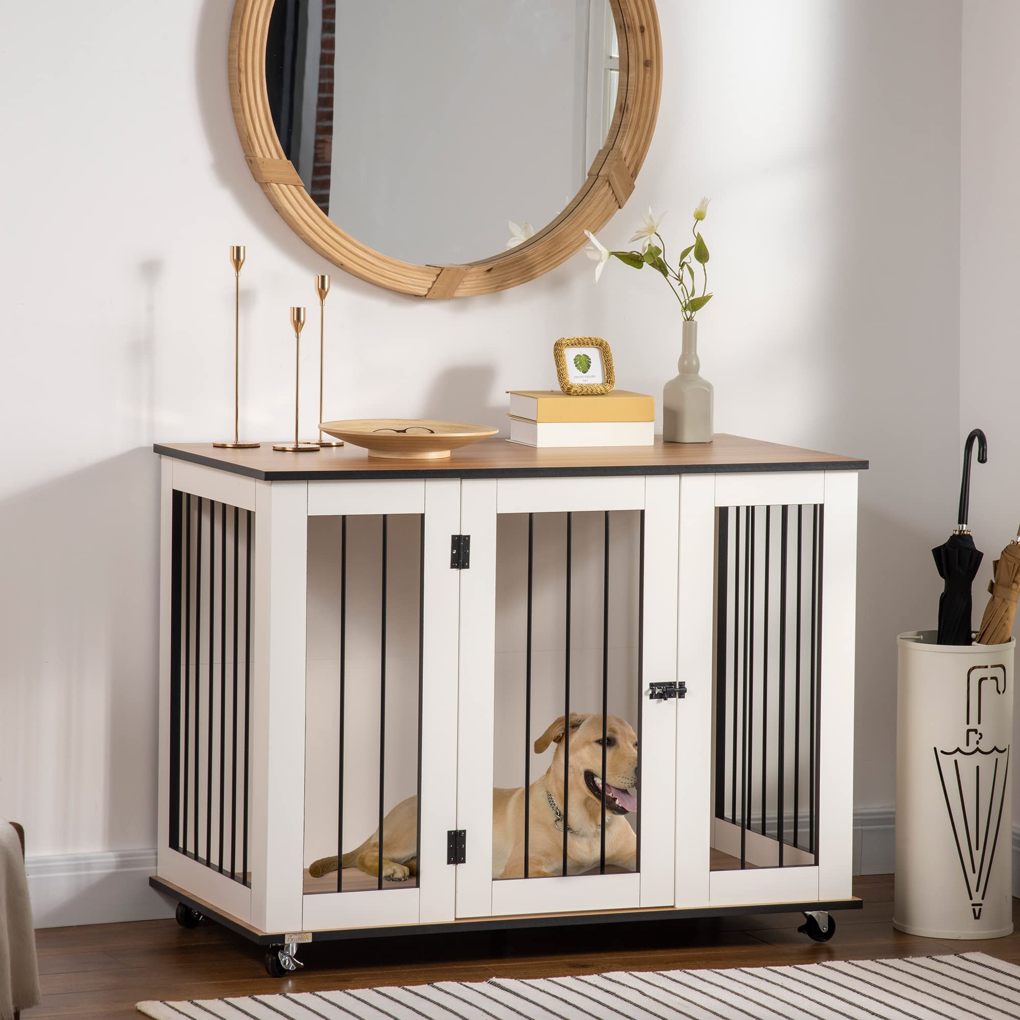 PawHut Dog Cage End Table - Lockable Door, Engineered Wood, 106cm L x 60cm W x 82cm H, White, Model D02-086