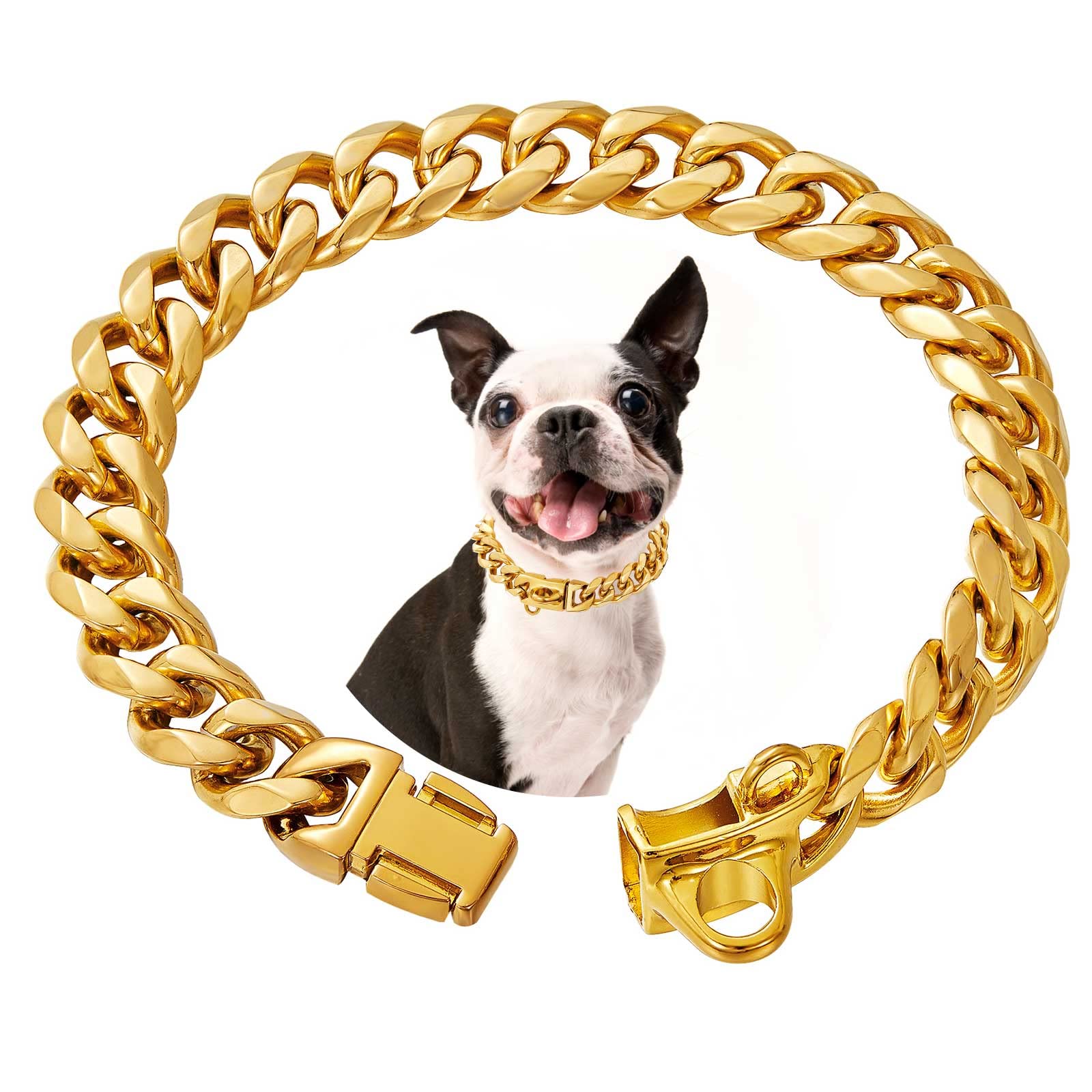 Stainless Steel Silver Gold Dog Collars With Safety Buckle Lock,18K Cuban Link Chain Training Collar,15Mm Strong Dog Necklace He