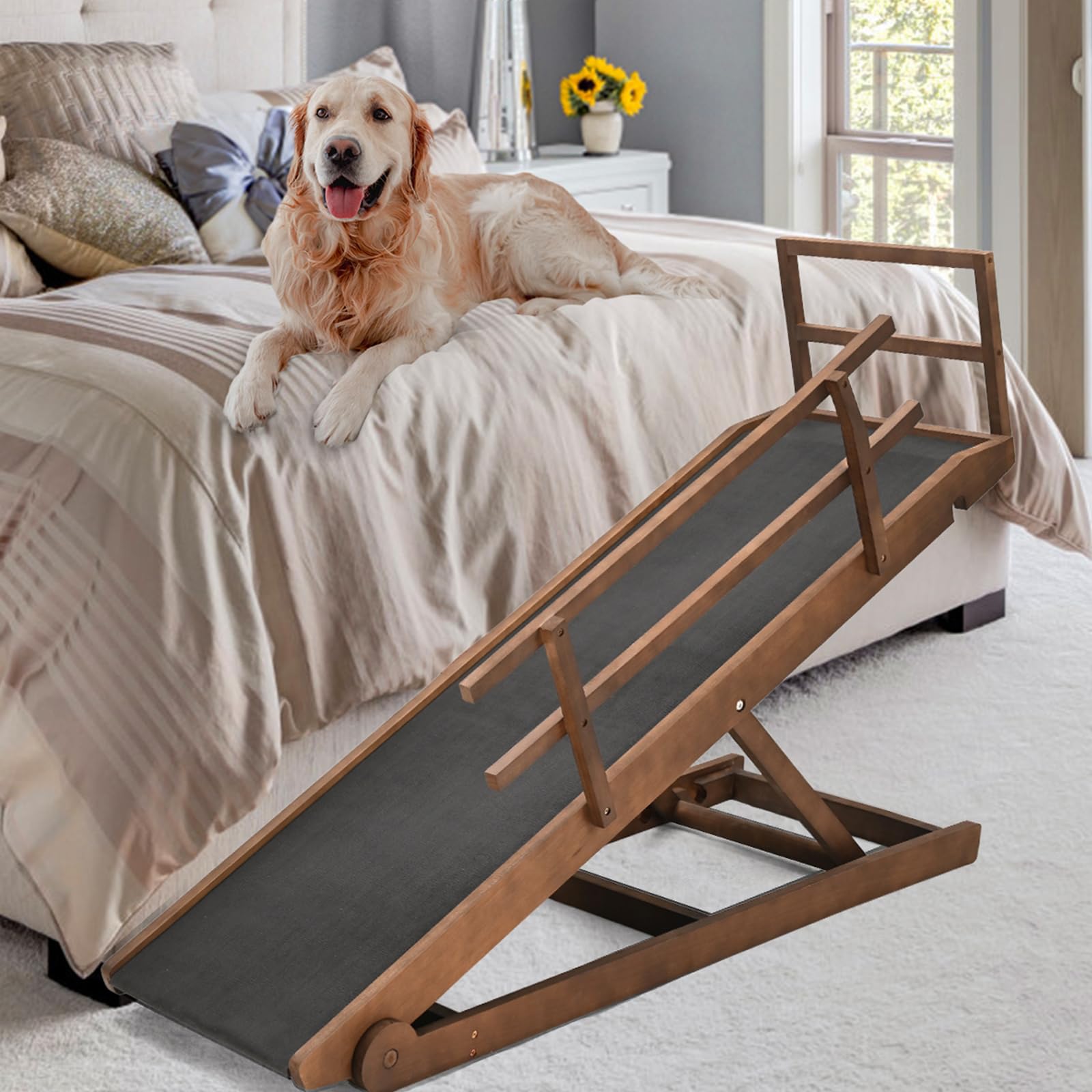 Slsy Dog Ramp, Folding/Portable/Rubber Mat High Traction/Natural Wood/5 Adjustable Levels, 55.1'' Long For High Bed, Suitable Fo