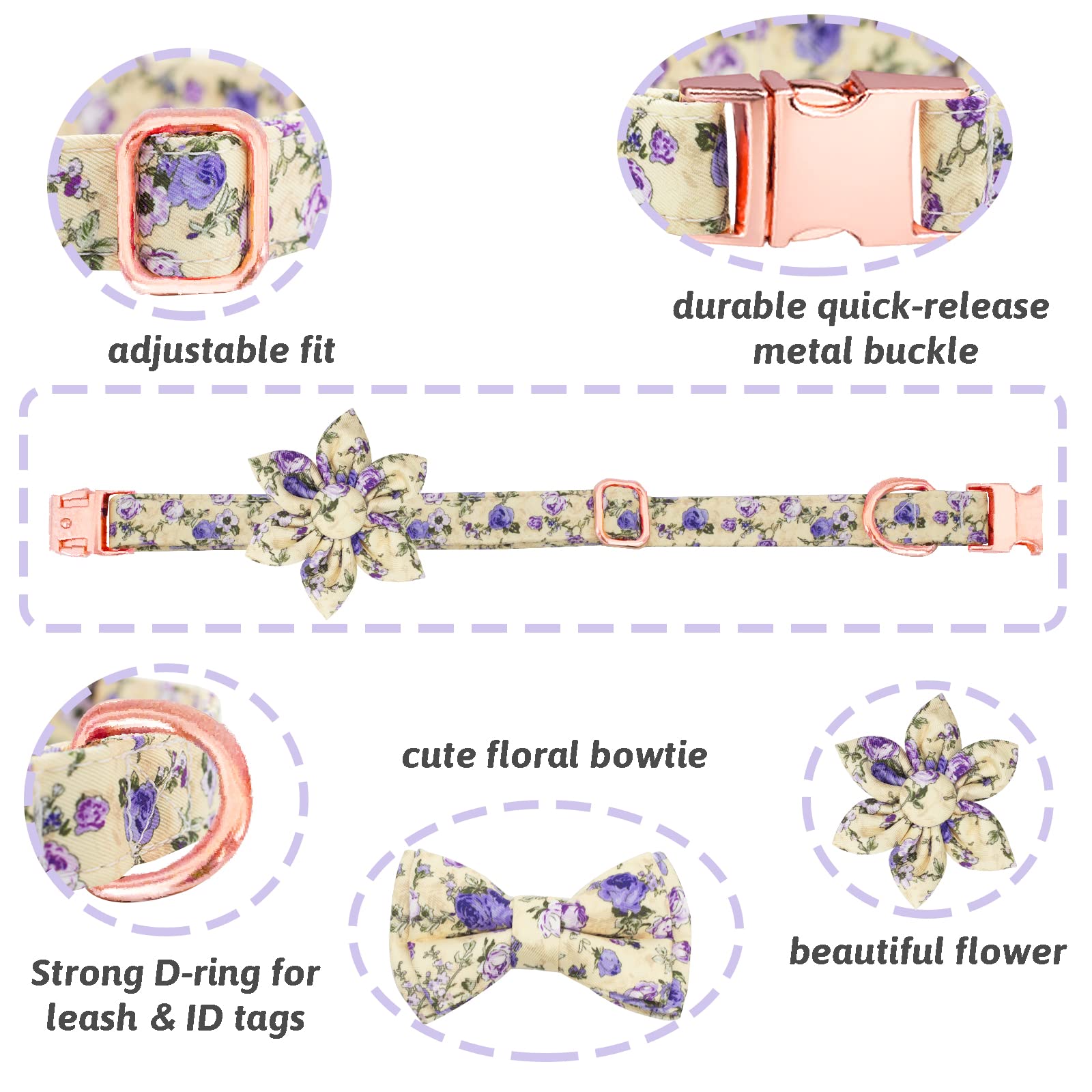 HSIGIO Dog Collar and Leash Set Girls Adjustable Puppy Collars with Floral Bow Tie for Small Medium Large Female Dogs, Purple Ro
