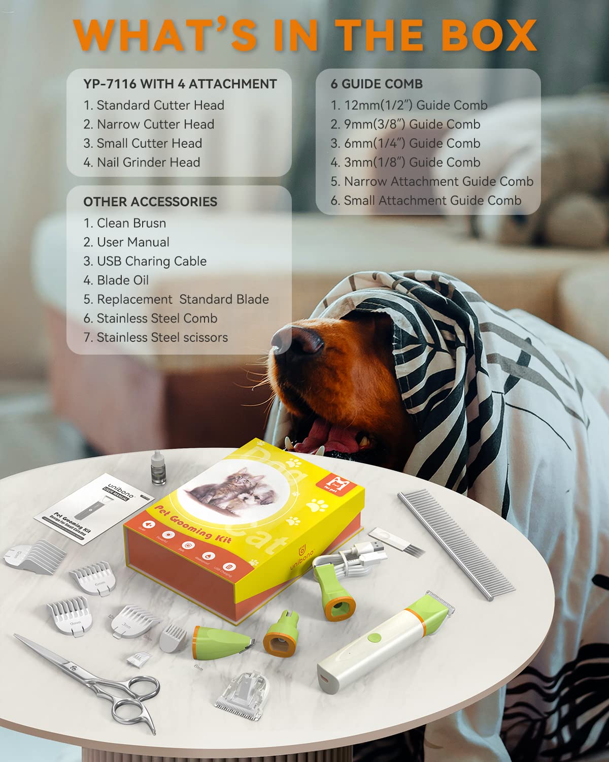 Unibono Dog Grooming Clippers Kit,Heavy Duty Rechargeable Low Noise Paw Trimmer Electric Pet Hair Shaver For Dogs Cats And Other Pets At Home With Gift Box Package