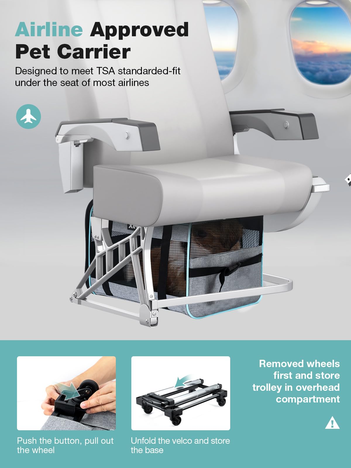 Xevera Cat Dog Carrier With Wheels Airline Approved Rolling Pet Carrier With Telescopic Handle, Shoulder Strap And Pet Bowl, Bla