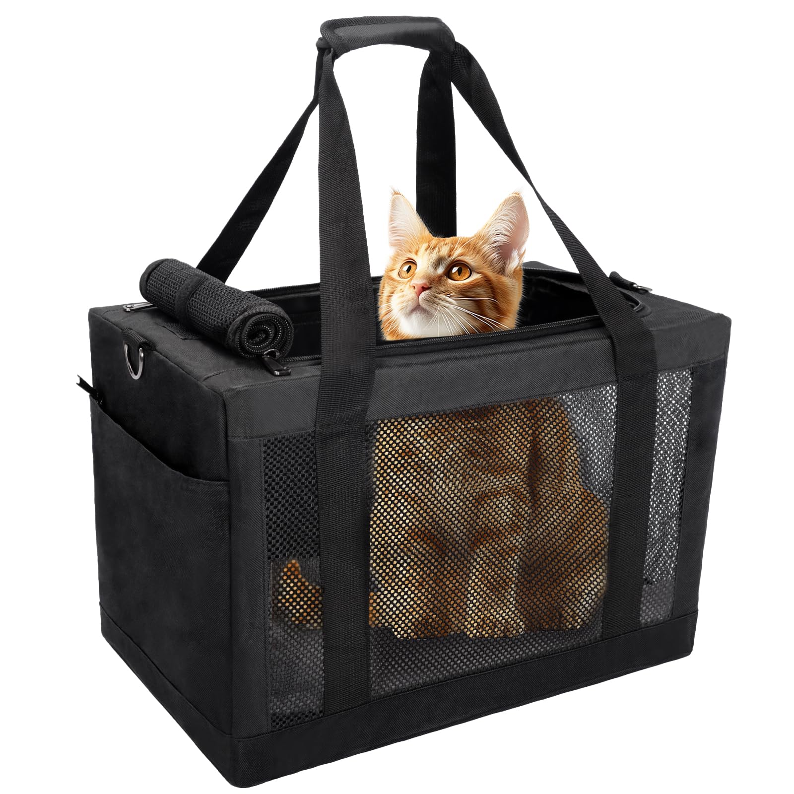 Soft Side Pet Carrier Bag with Shoulder Strap, Breathable Collapsible Mesh Cat Carrier for Cats and Dogs, TSA Airline Approved T