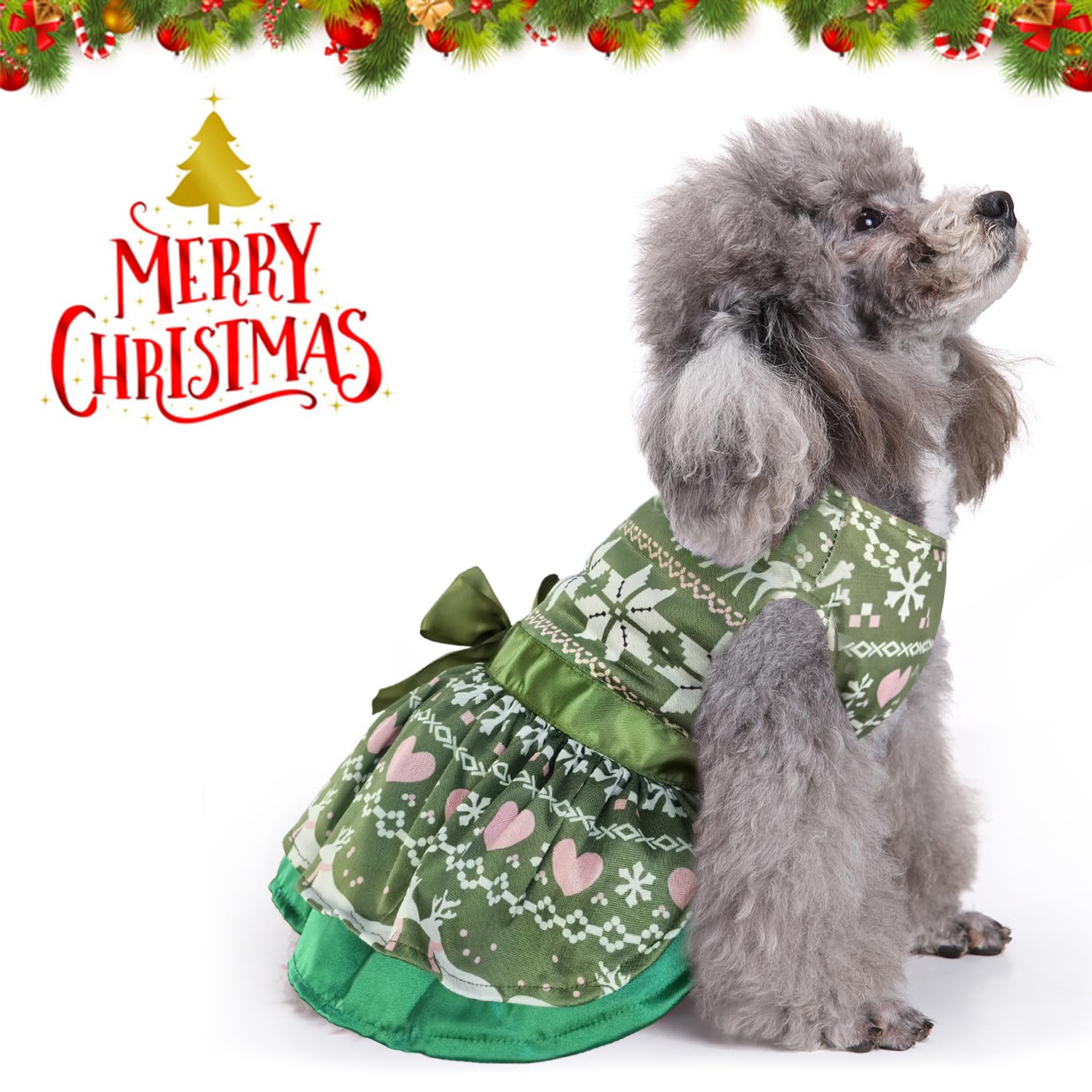 Otunrues Dog Christmas Dress, Stretchy Outfit With Bowtie For Girls, Holiday Party Lightweight Clothes For Small Dogs Cats, Gree