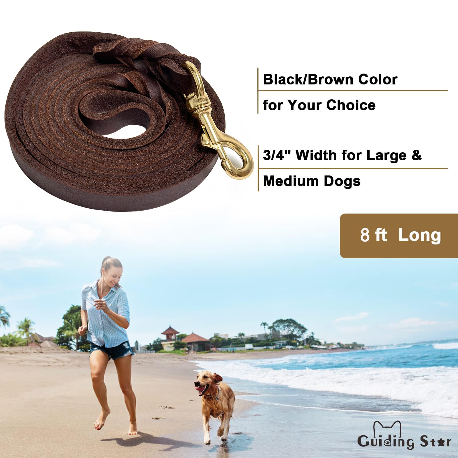 Guiding Star Leather Dog Leash - 8ft Heavy Duty Braided Training Leash for Large & Medium Dogs, Brown