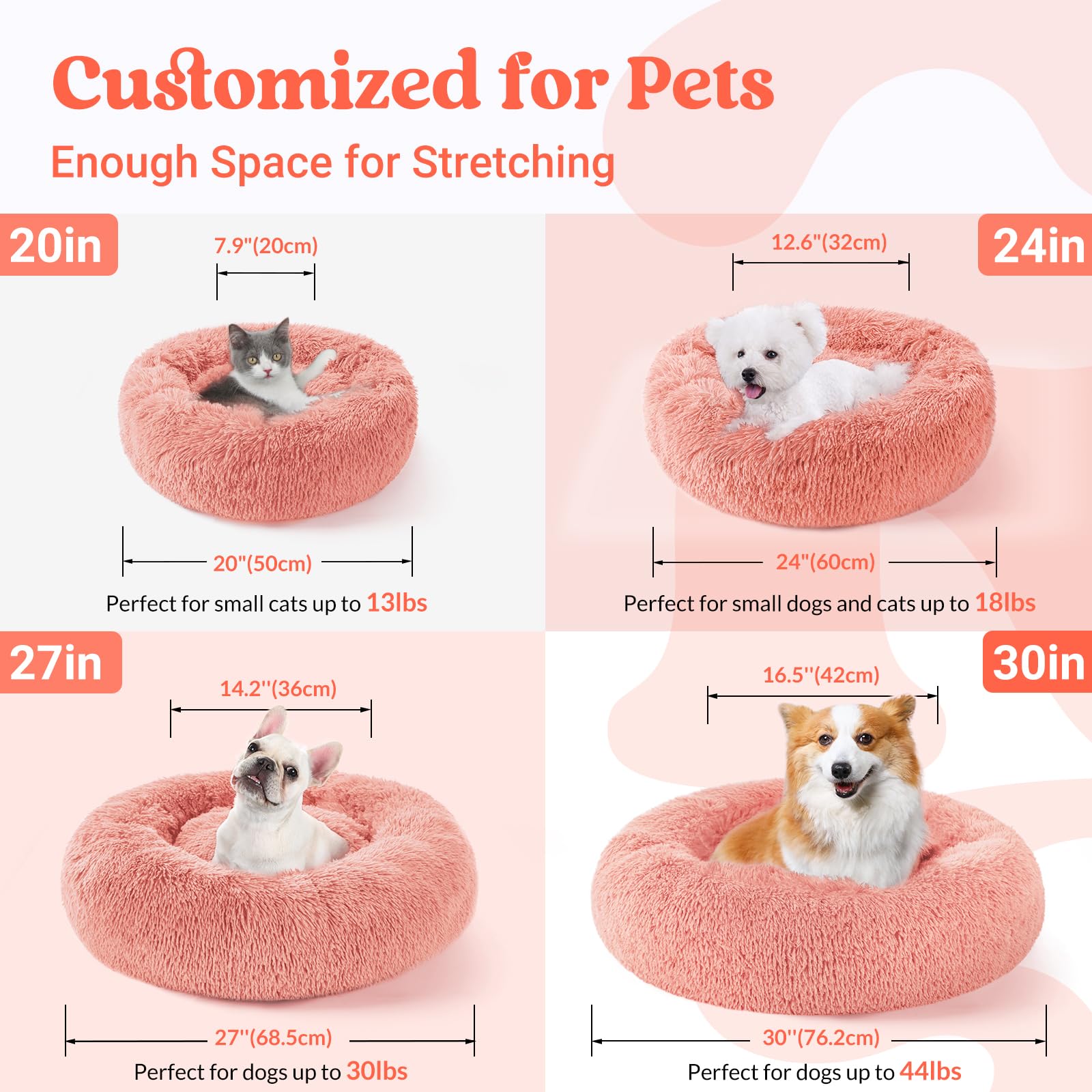 Rabbitgoo Cat Beds For Indoor Cats, 24 Inches Cat Bed Machine Washable, Fluffy Round Pet Bed Non-Slip, Calming Soft Plush Donut Cuddler Cushion Self Warming For Small Dogs Kittens, Pink, Large