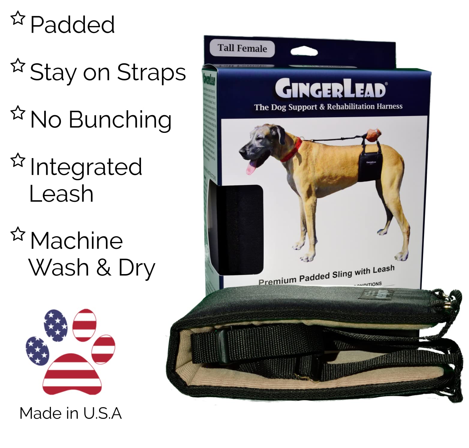 GingerLead Dog Sling Hip Support Harness for Tall Female Dogs, Nylon, Black/Tan, Model GL-TF