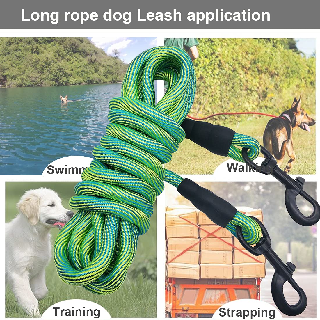 Btinesful 8Ft/12Ft/20Ft/30Ft/50Ft/75Ft Dog Tie-Out Long Tether Rope Dog Leash, Outdoor Dog Yard Leash- Large Medium Small Dogs Training, Playing, Camping, Backyard (Green, 12 Foot)