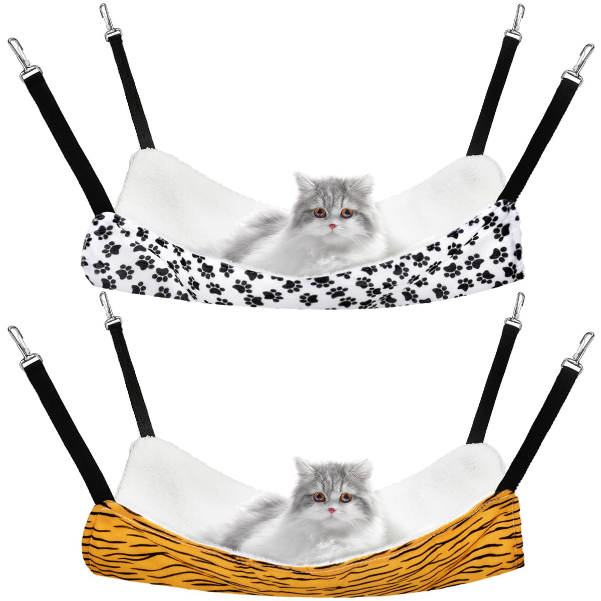 2 Pieces Reversible Cat Hanging Hammock Soft Breathable Pet Cage Hammock With Adjustable Straps And Metal Hooks Double-Sided Hanging Bed For Cats Small Dogs Rabbits (Zebra And Cat Paw Print, M)