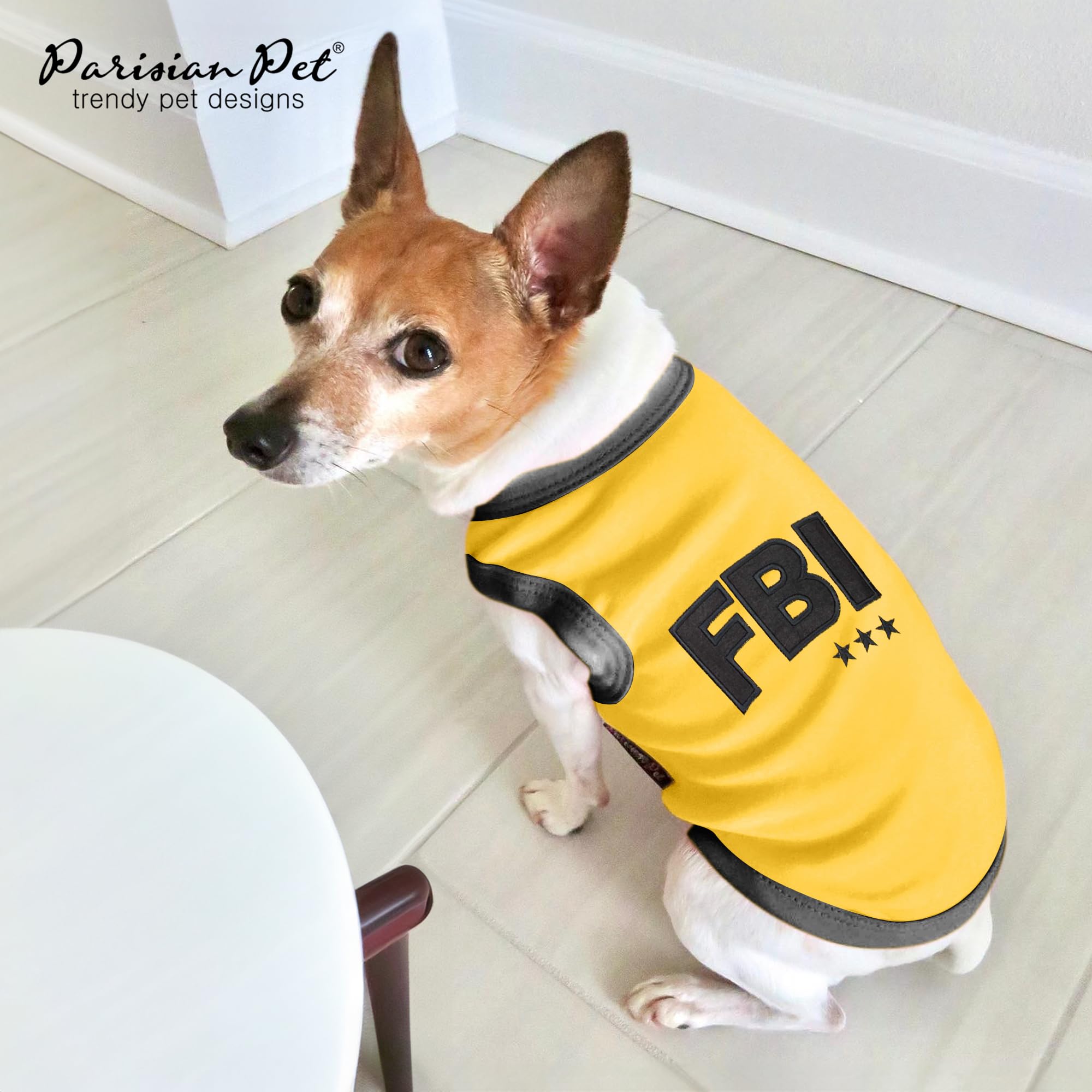 Parisian Pet Dog T-Shirt - Embroidered Fbi Shirt - 100% Cotton, Breathable Dog Clothes - Sleeveless Pet Vest - Machine Washable Yellow Dog Shirts For Small Dogs - Xs