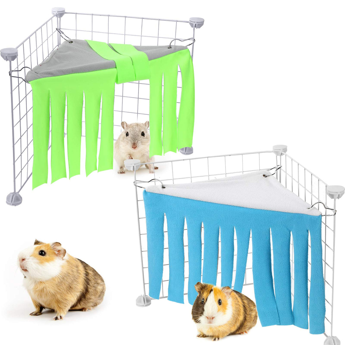 2 Pieces Guinea Pig Hideout Small Animal Corner Fleece Hideaway Cute Ferret Hammock And Sleeping Bed For Ferrets Chinchillas Small Pets (Grey With Blue, Grey With Green, Patternless)