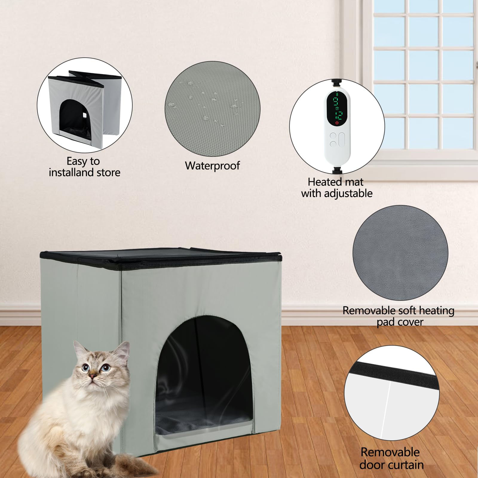 Foldable Waterproof Timing Heated Houses For Indoor Outdoor Cats With Heated Mat, Outside Heated Bed Kitty Shelter (Modern-Upgra