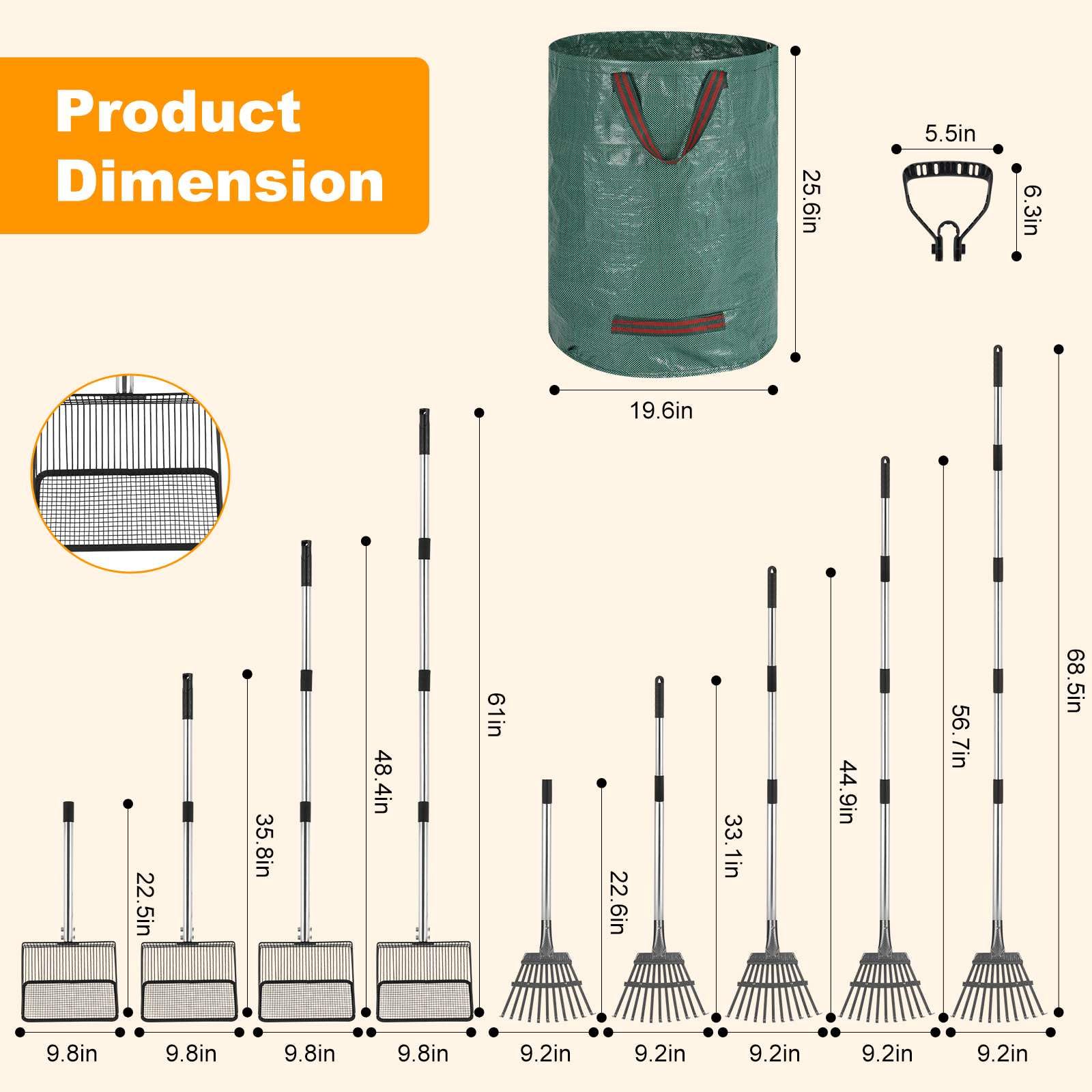 Chicken Poop Scooper Set - Adjustable Coop Scoop with Ergonomic Grip, Rake, Reusable Waste Bag & Gloves - Durable Sand Sifting L