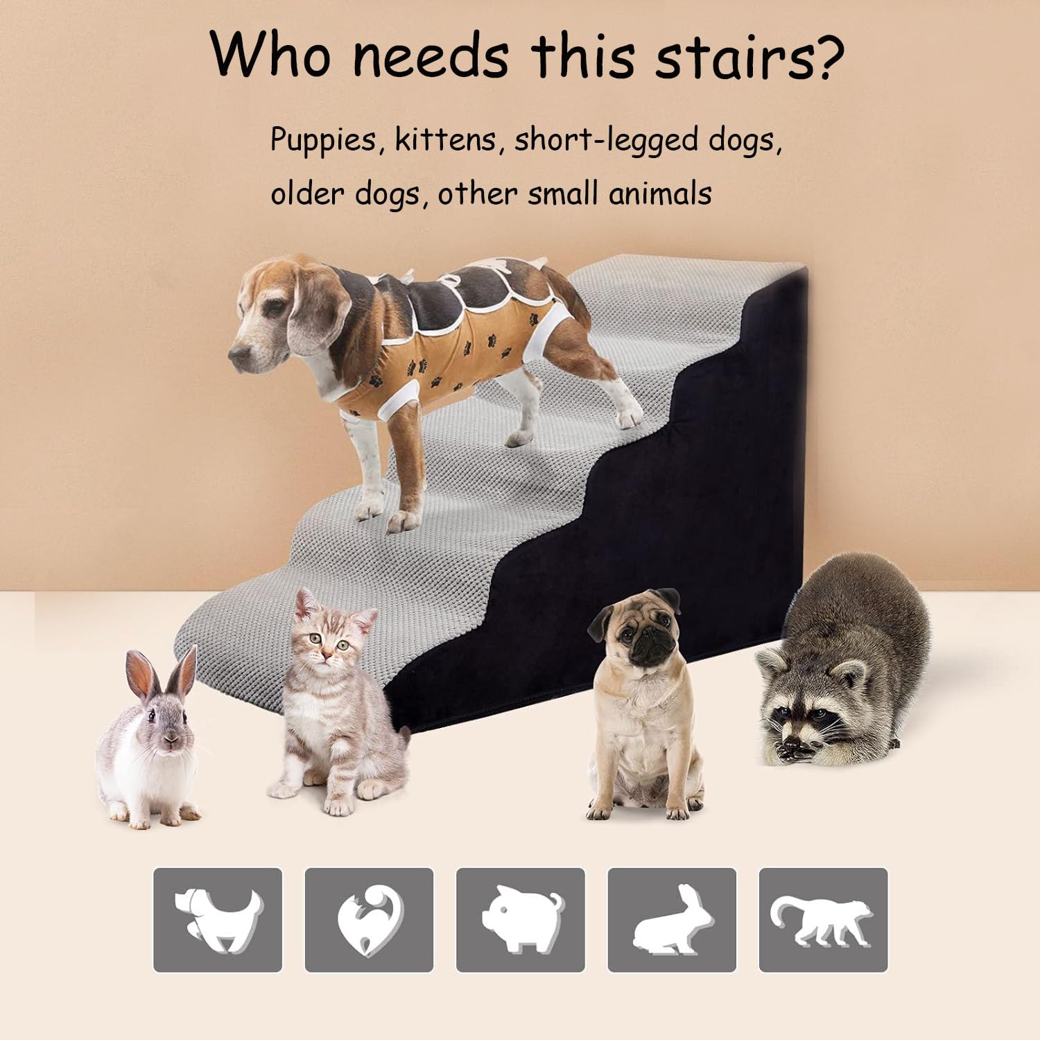 24 Inch Dog Stairs - 5 Steps For High Beds 24-28'' High, Non Slip Foam Ramp For Small Dogs/Cats & Older Pets