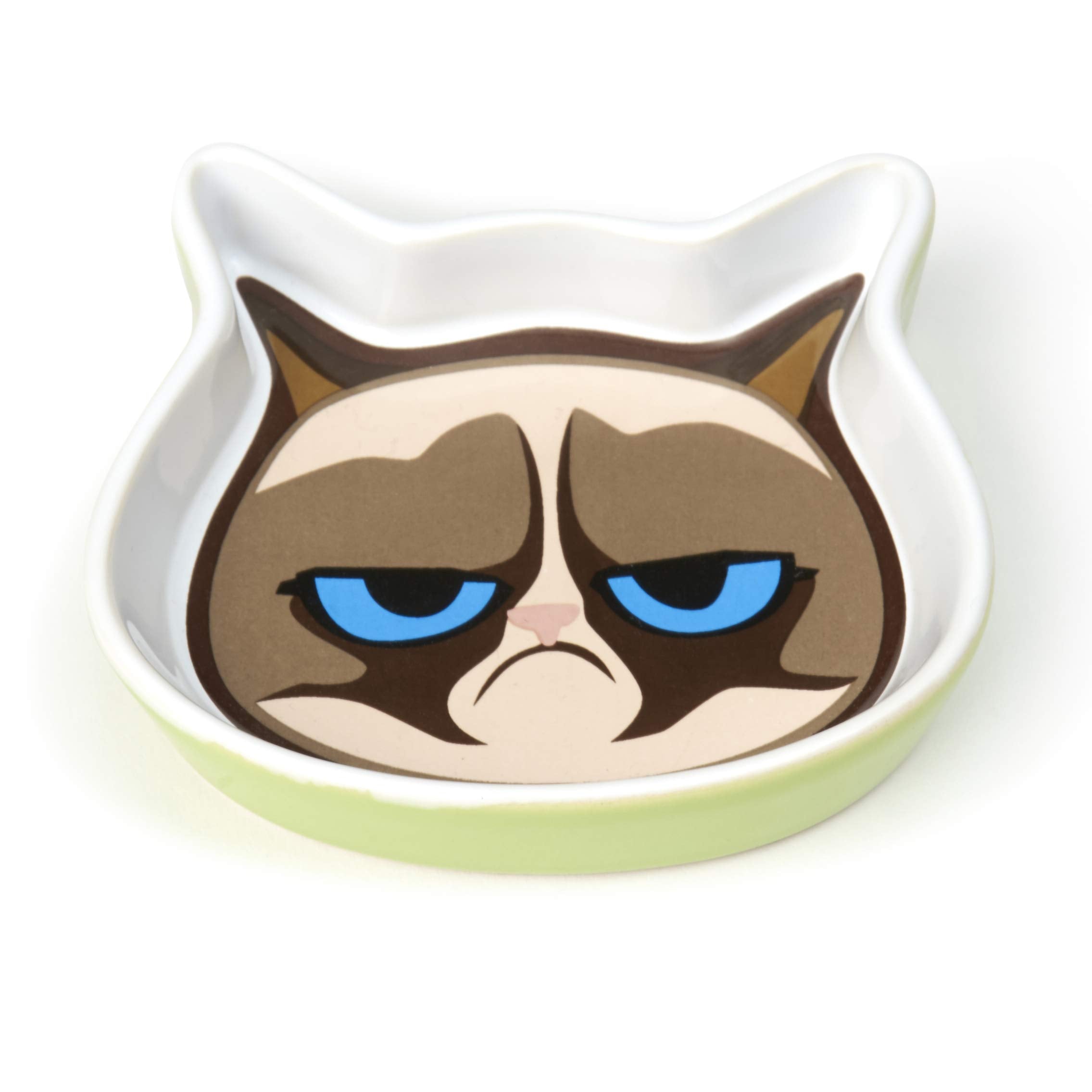 PetRageous G16092 Grumpy Cat Shallow Dishwasher Safe Cat Face Stoneware Saucer 4.75-Inch Wide 4.25-Inch Long 1-Inch Tall 4-Ounce
