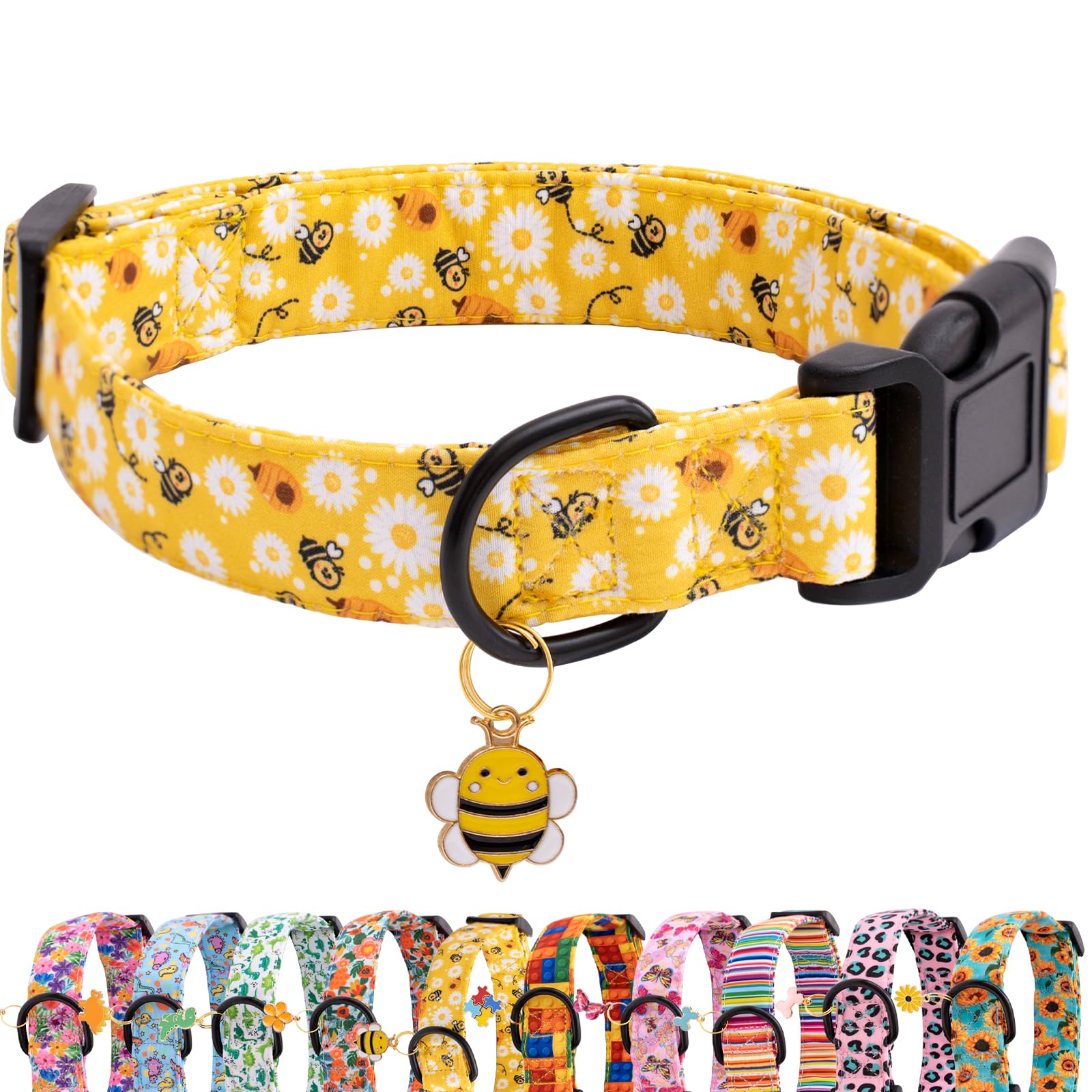 Faygarsle Dog Collar For Small Medium Large Dogs Yellow Puppy Collars For Female Dogs Floral Bee Daisy Patterned Pet Collars For