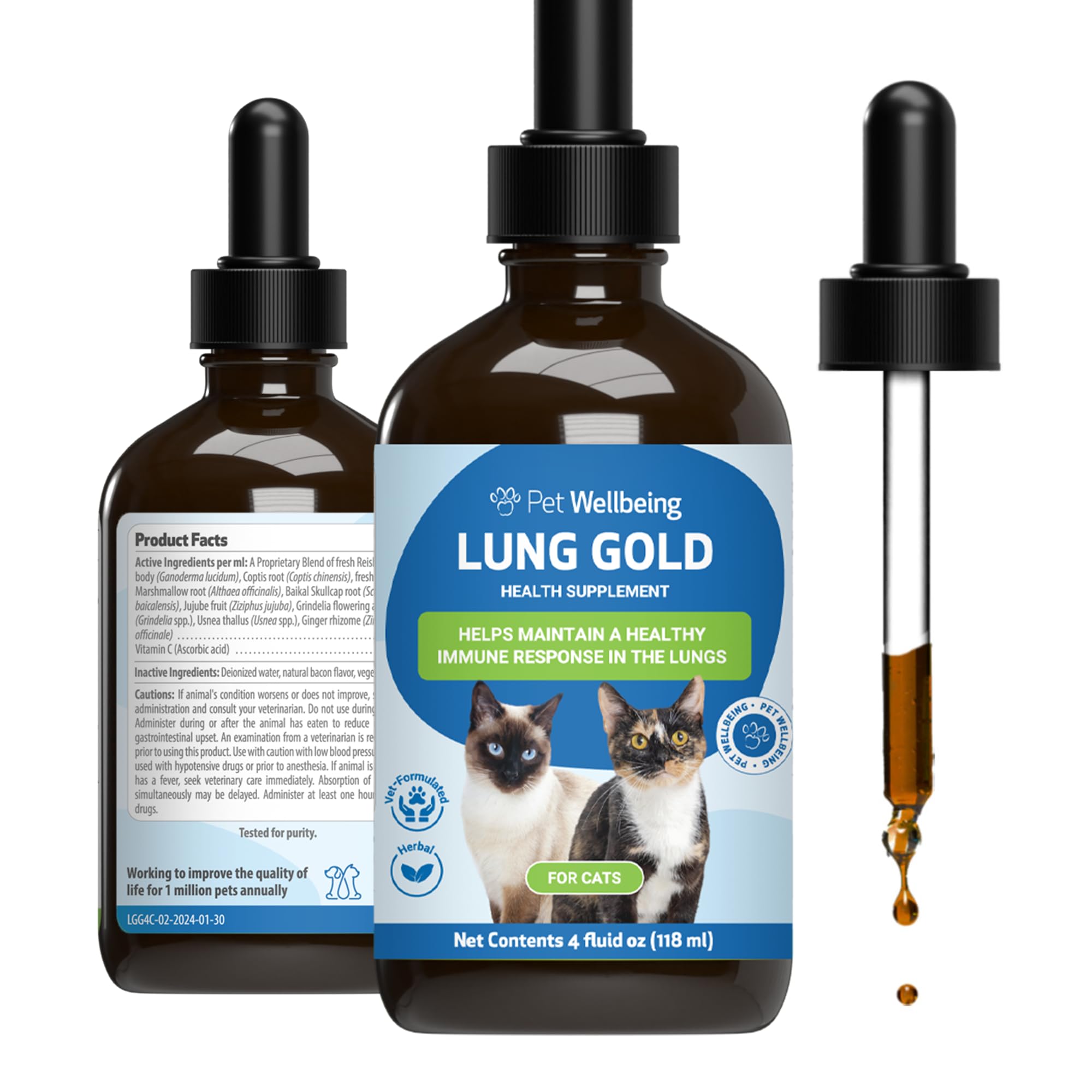 Pet Wellbeing Lung Gold for Cats - Lung Immune Support, Lower Respiratory Health, Open Airways, Normal Breathing, Reishi, Coptis