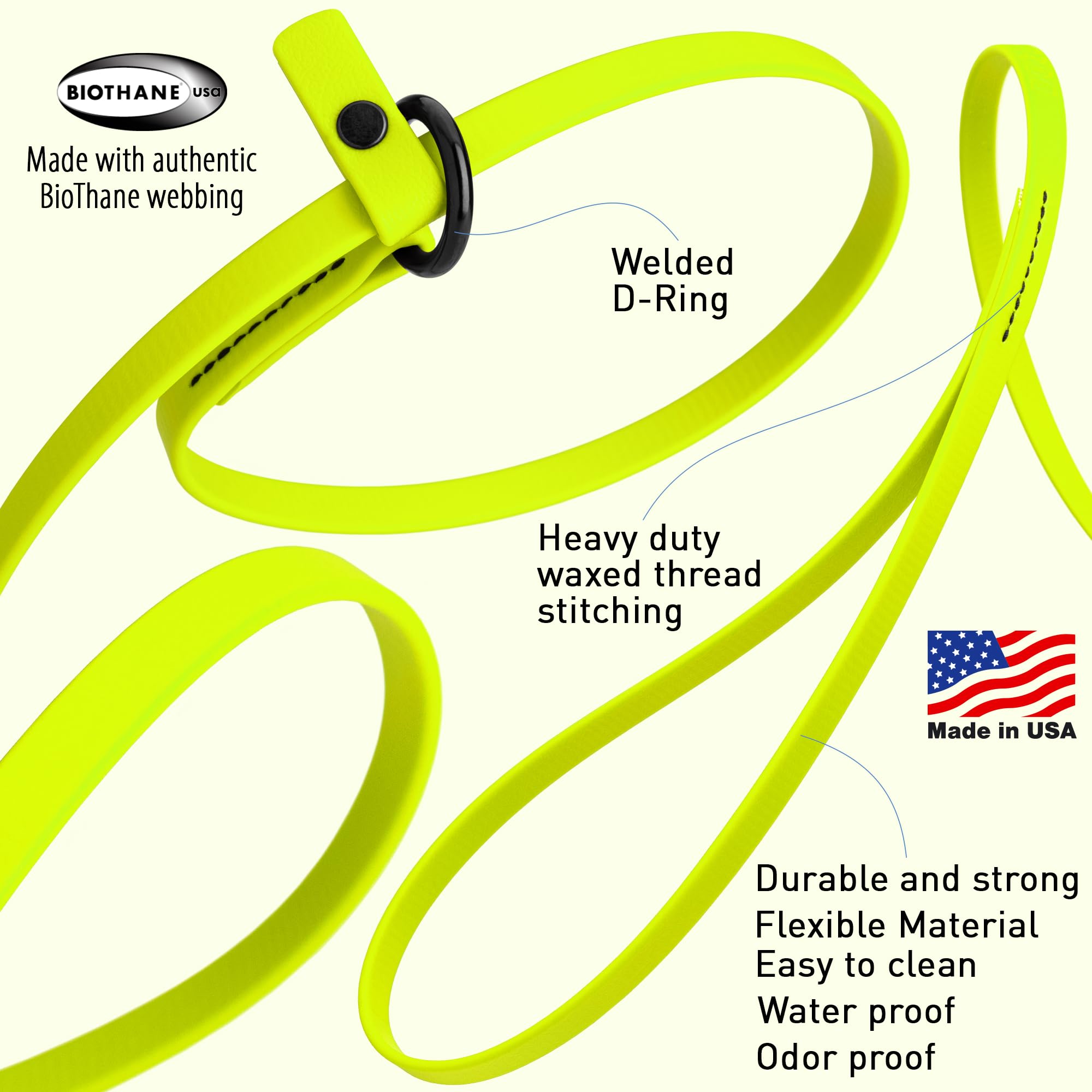Dogline Biothane Slip Dog Leash - For Small, Medium And Large Dogs - Odor Free Slip Lead, Heavy Duty And Durable Material Kennel Lead - Safety Yellow - 5Ft L X 3/8In W